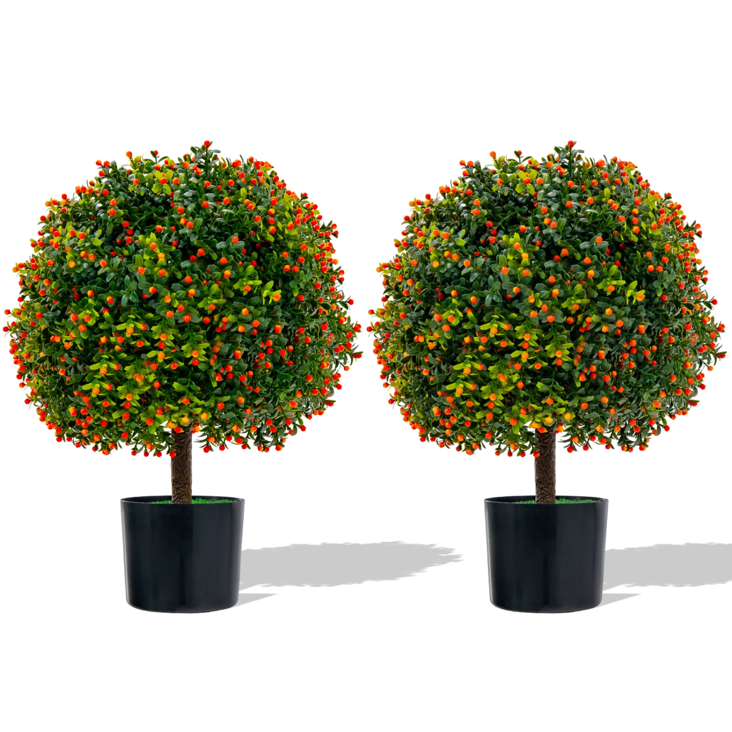Topbuy 22" Artificial Boxwood Topiary Ball Tree 2 Pack Faux Bushes Plants with Orange Fruits & Cement Flower Pot