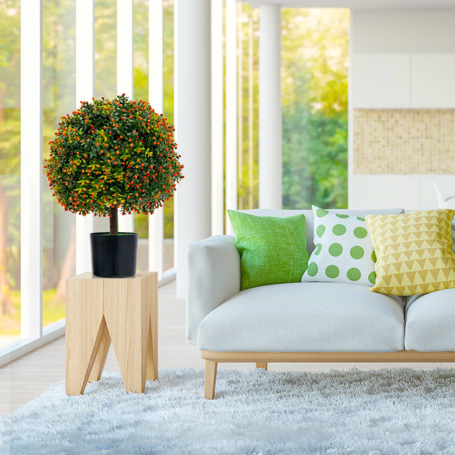 Topbuy 22" Artificial Boxwood Topiary Ball Tree 2 Pack Faux Bushes Plants with Orange Fruits & Cement Flower Pot