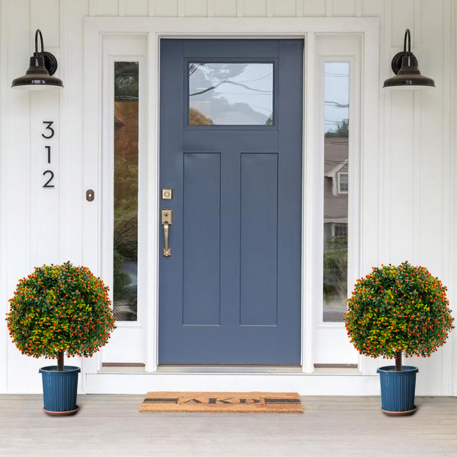 Topbuy 22" Artificial Boxwood Topiary Ball Tree 2 Pack Faux Bushes Plants with Orange Fruits & Cement Flower Pot