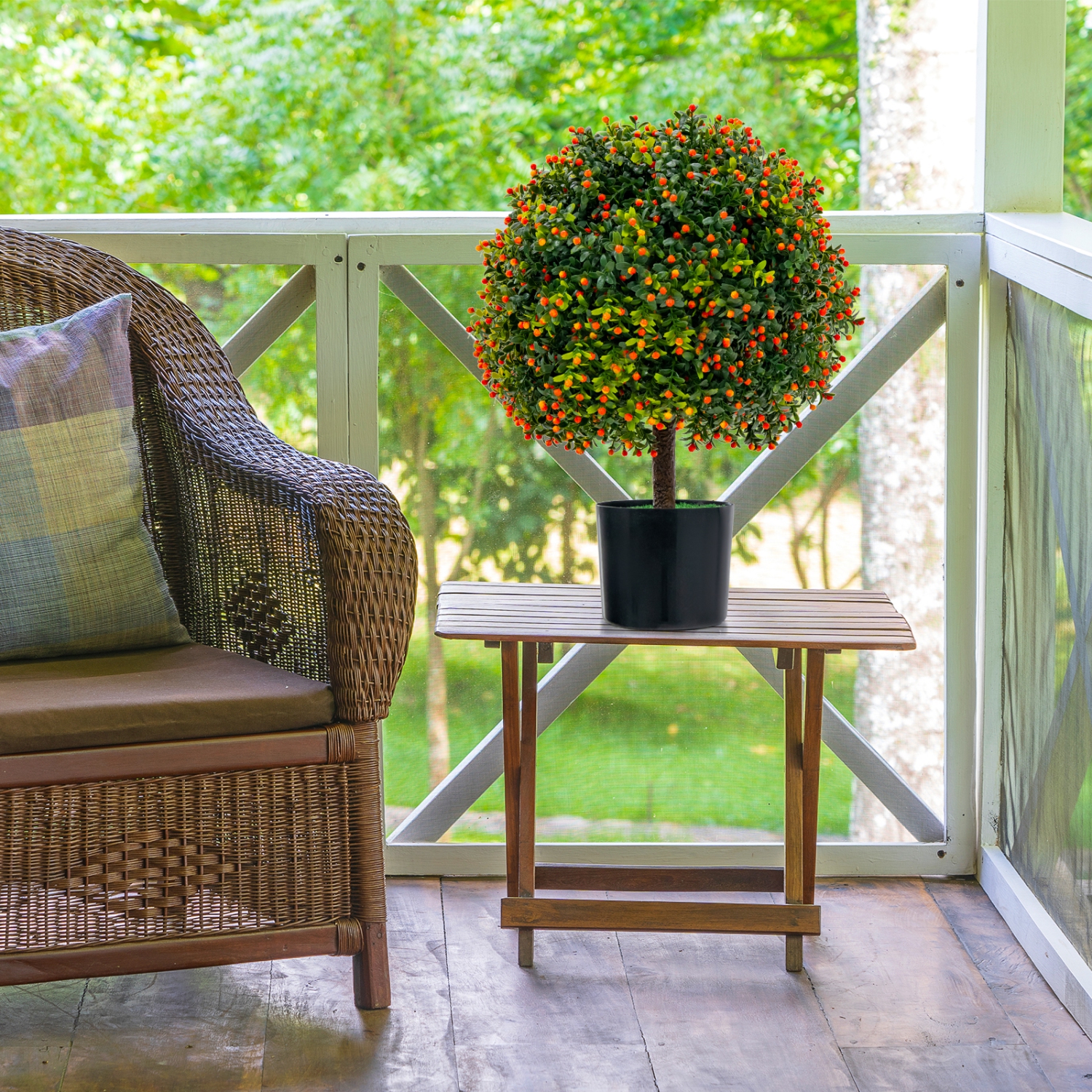 Topbuy 22" Artificial Boxwood Topiary Ball Tree 2 Pack Faux Bushes Plants with Orange Fruits & Cement Flower Pot