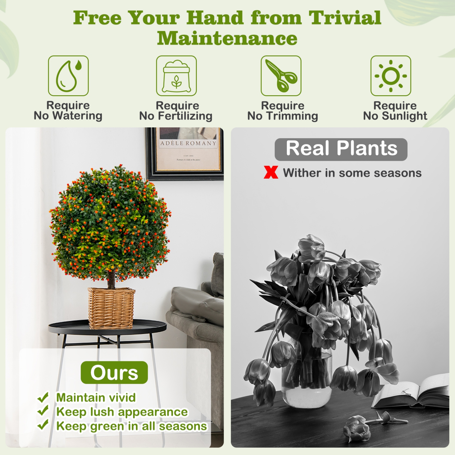 Topbuy 22" Artificial Boxwood Topiary Ball Tree 2 Pack Faux Bushes Plants with Orange Fruits & Cement Flower Pot