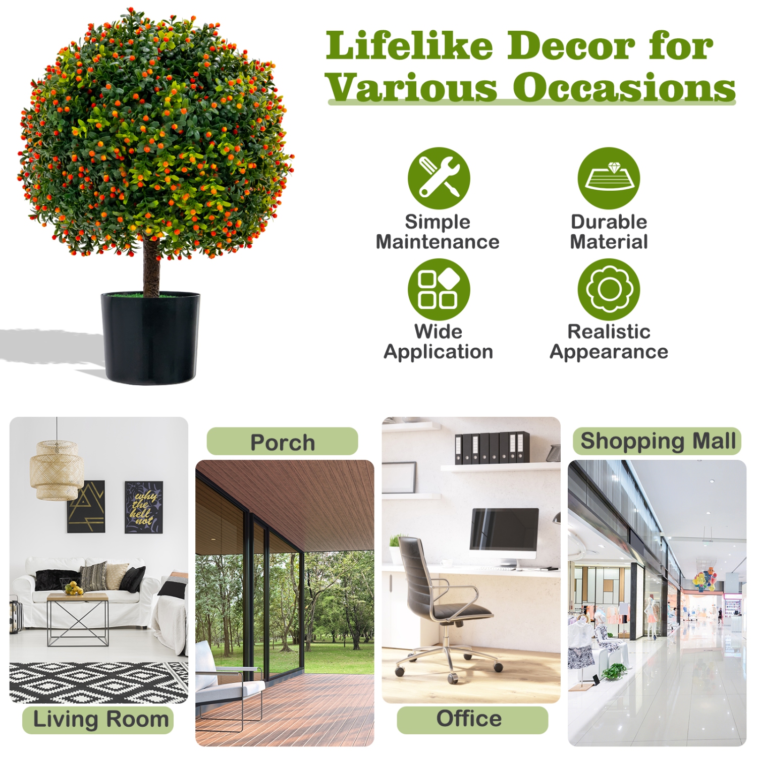 Topbuy 22" Artificial Boxwood Topiary Ball Tree 2 Pack Faux Bushes Plants with Orange Fruits & Cement Flower Pot