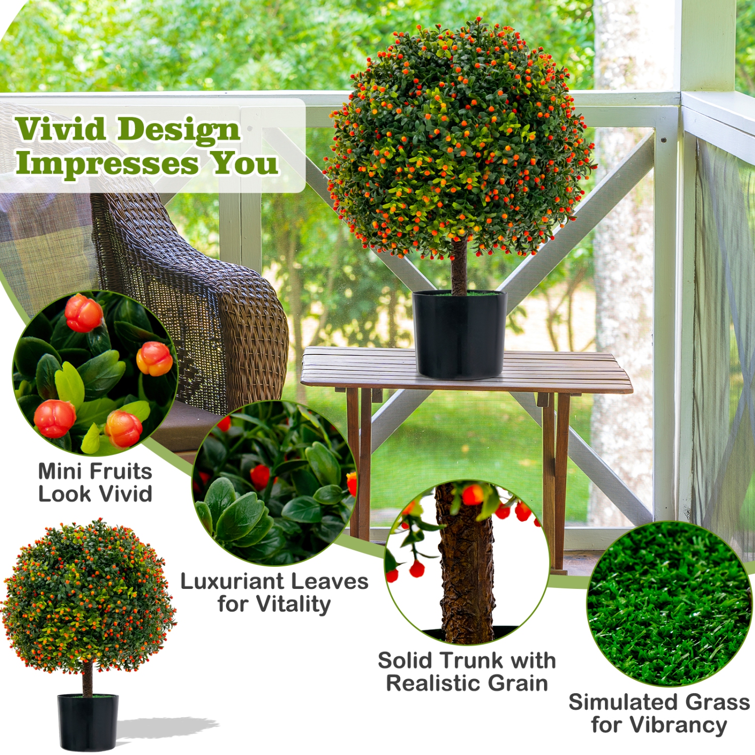 Topbuy 22" Artificial Boxwood Topiary Ball Tree 2 Pack Faux Bushes Plants with Orange Fruits & Cement Flower Pot