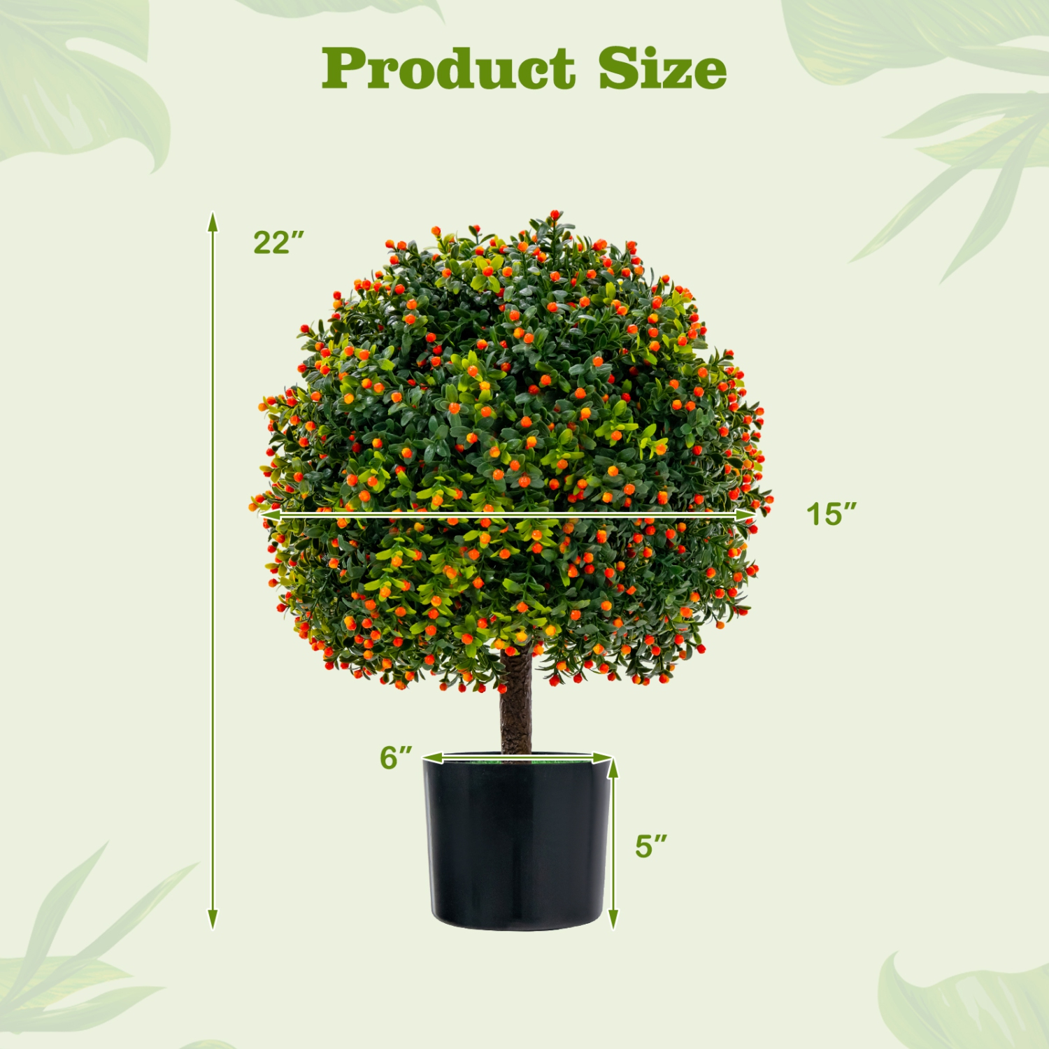 Topbuy 22" Artificial Boxwood Topiary Ball Tree 2 Pack Faux Bushes Plants with Orange Fruits & Cement Flower Pot