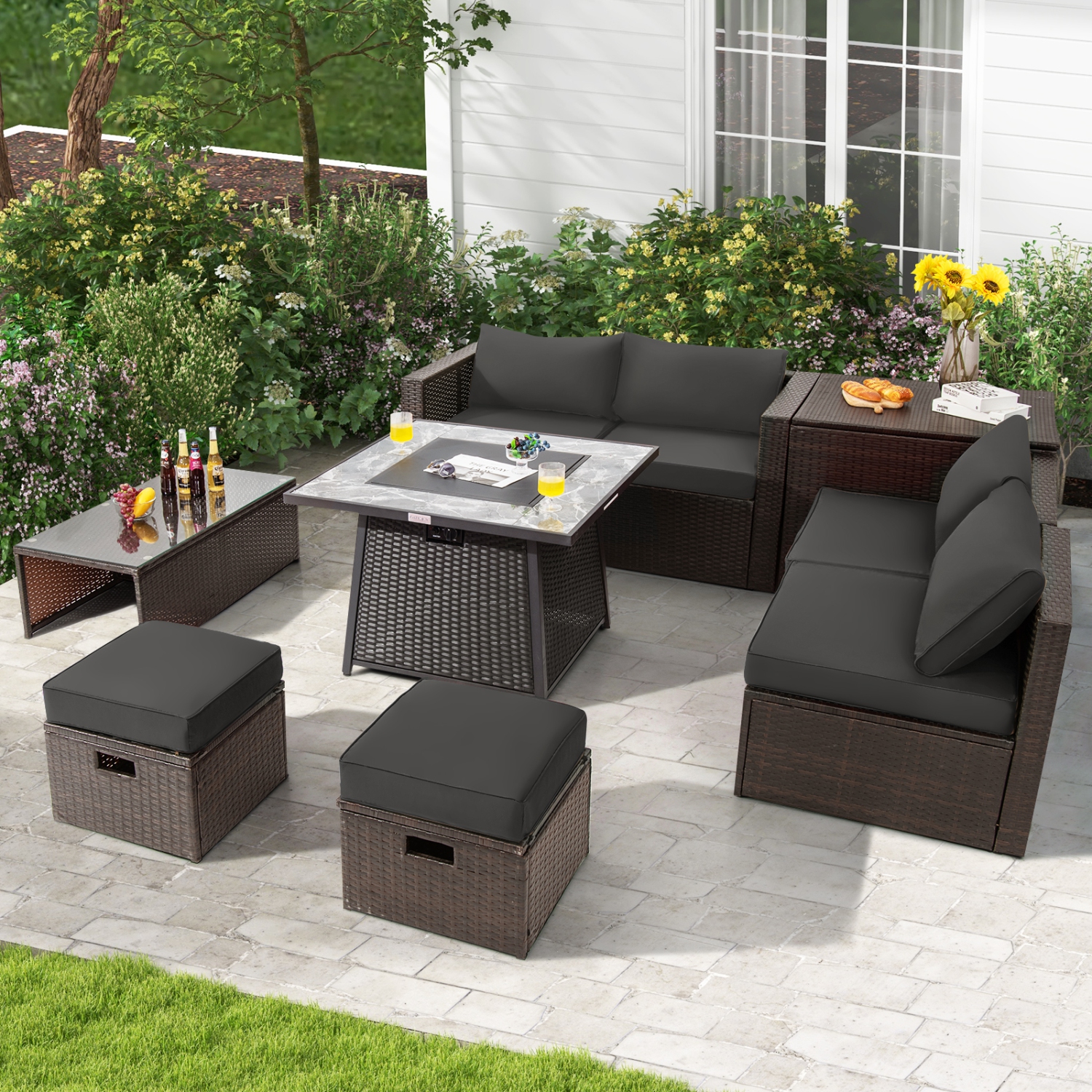 Topbuy 9 Pieces Outdoor Patio Furniture Set with 35-Inch Propane Fire Pit Table Outdoor PE Wicker Space-Saving Sectional Sofa Set with Storage Box