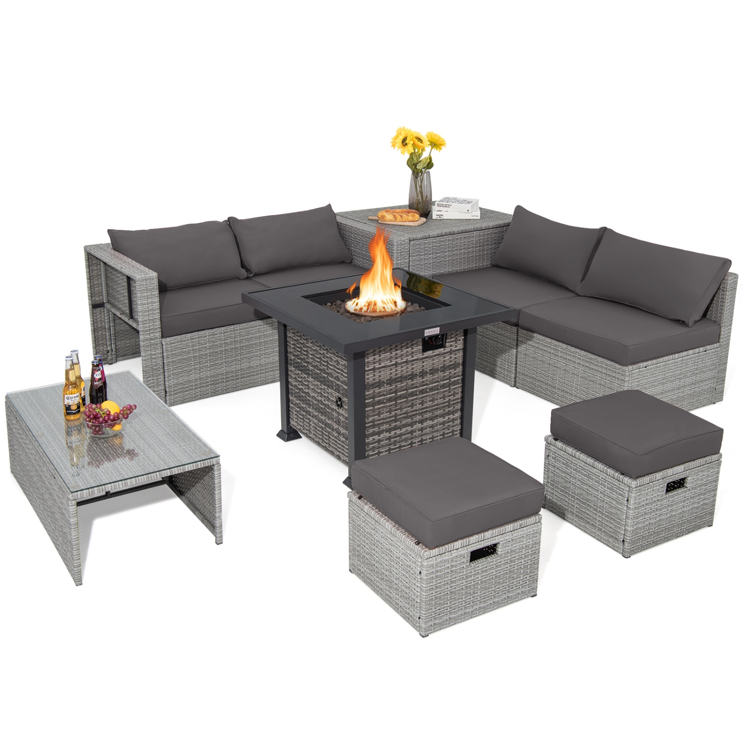 Topbuy 9 Pieces Outdoor Patio Furniture Set with 32-Inch Propane Fire Pit Table Outdoor PE Wicker Space-Saving Sectional Sofa Set with Storage Box