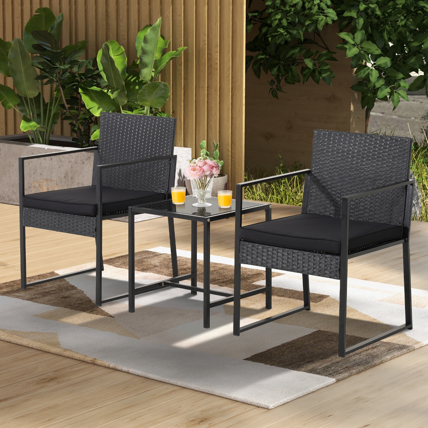 Topbuy 3 Pieces Patio Furniture Set Hand-Woven PE Wicker Chairs with Tempered Glass Coffee Table & Soft Cushions Black