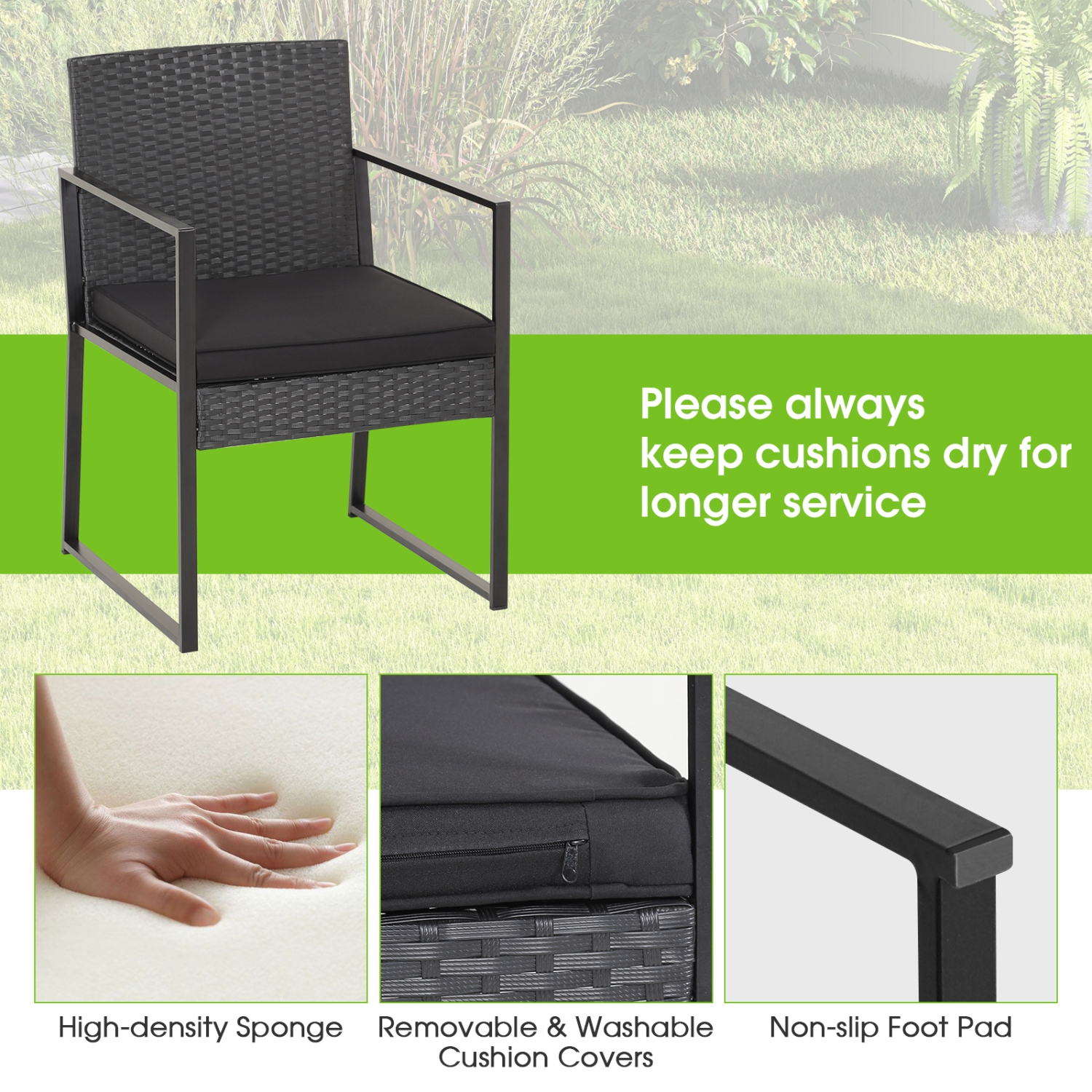 Topbuy 3 Pieces Patio Furniture Set Hand-Woven PE Wicker Chairs with Tempered Glass Coffee Table & Soft Cushions Black