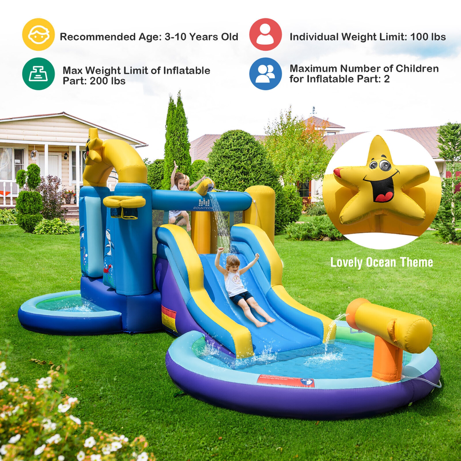 Gymax Kids Inflatable Water Slide Park Bounce Castle w/ 50 Ocean Balls & 735W Blower