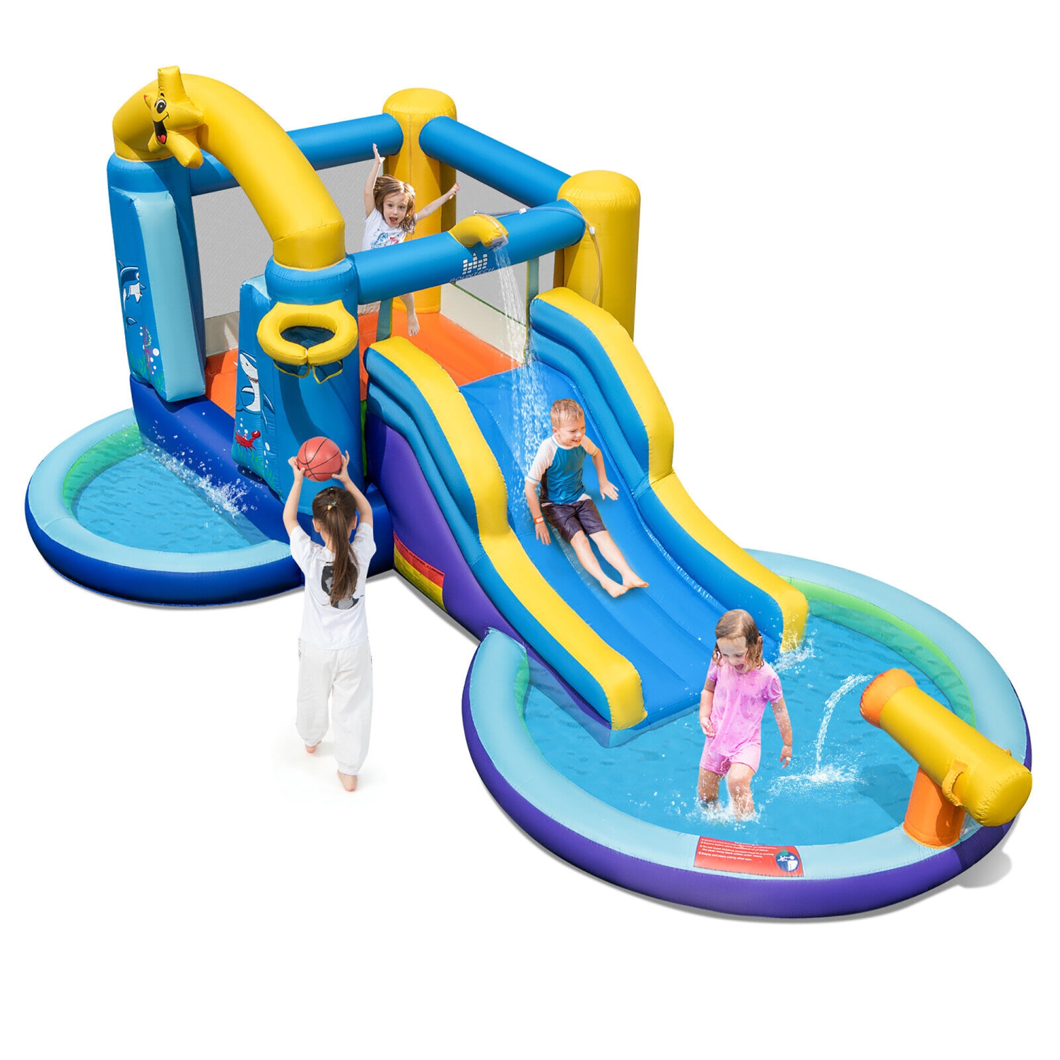 Gymax Kids Inflatable Water Slide Park Bounce Castle w/ 50 Ocean Balls & 735W Blower