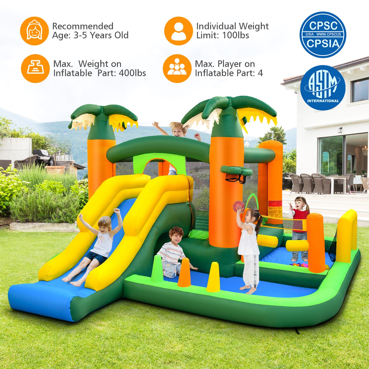 Gymax Tropical Inflatable Bounce Castle 8-in-1 Giant Jumping House w/ 750W Blower