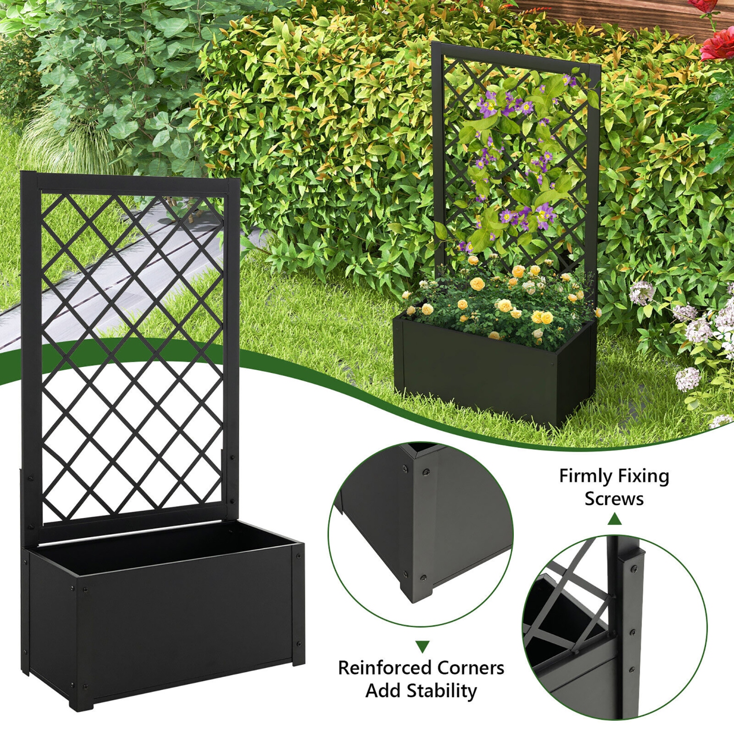 Gymax Raised Garden Bed with Trellis Metal Planter Box w/ Lattice for Climbing Plants