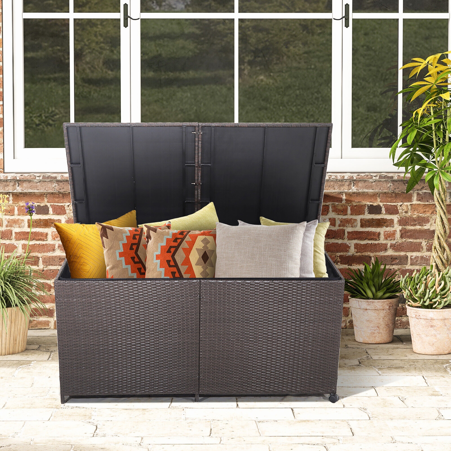 Gymax Patio 175 Gallon Rattan Wicker Storage Deck Box Container Wheels w/ Liner Garden