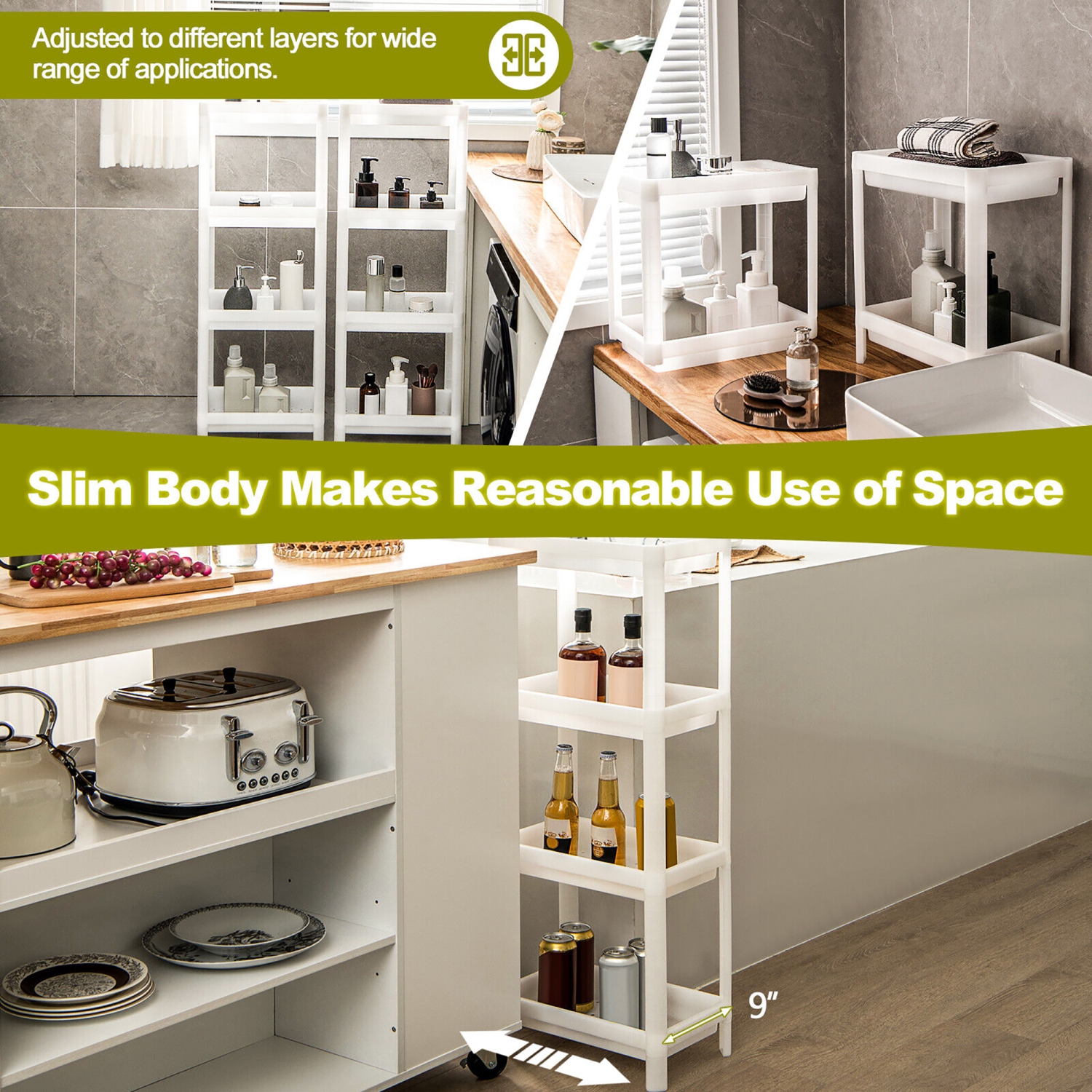 Gymax 2PCS 4 Tier Slim Storage Cart Detachable Kitchen Organizer Utility Shelves