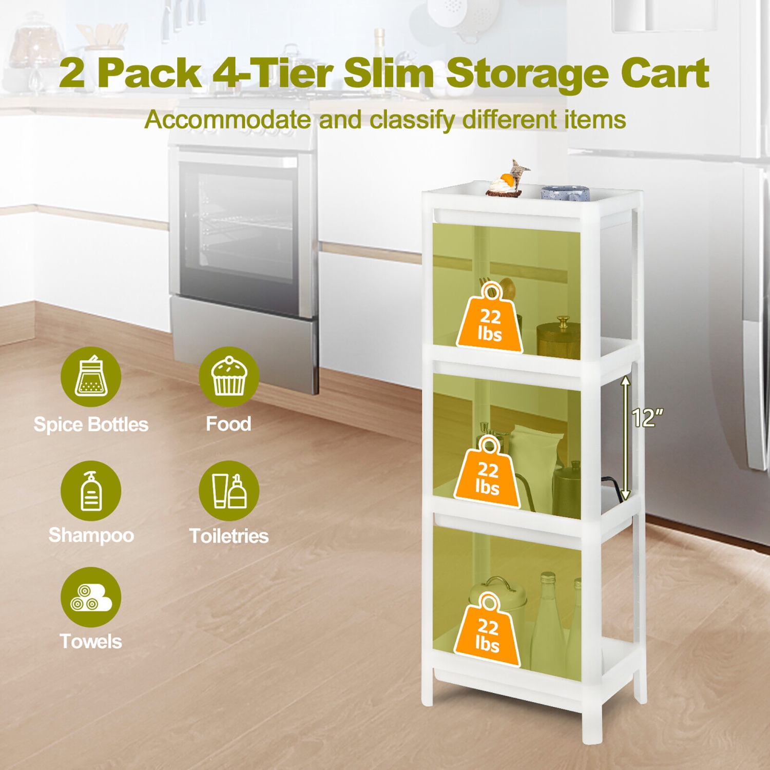 Gymax 2PCS 4 Tier Slim Storage Cart Detachable Kitchen Organizer Utility Shelves