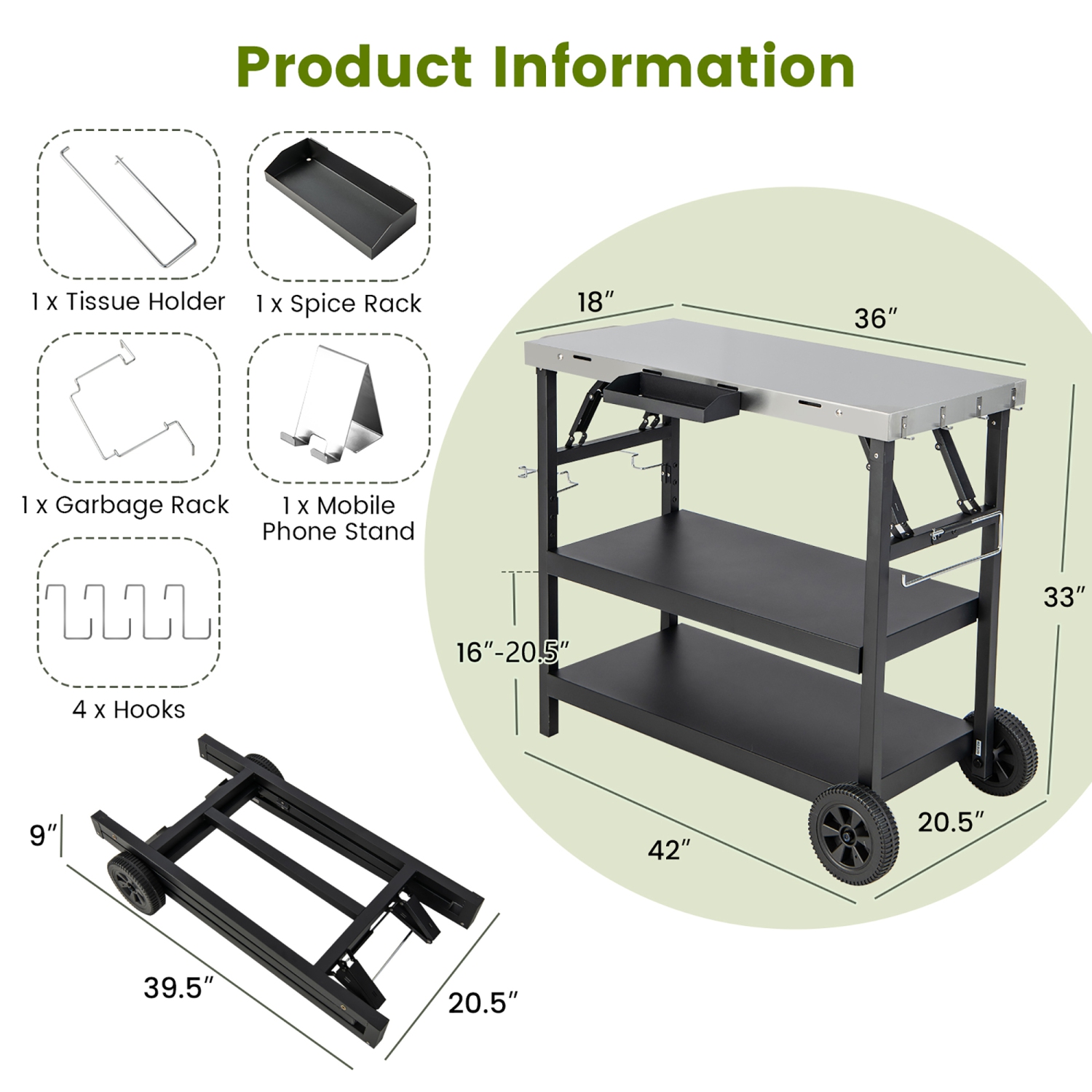Gymax 3-Shelf Movable Grill Cart Table Home & Outdoor Multifunctional Stainless Steel