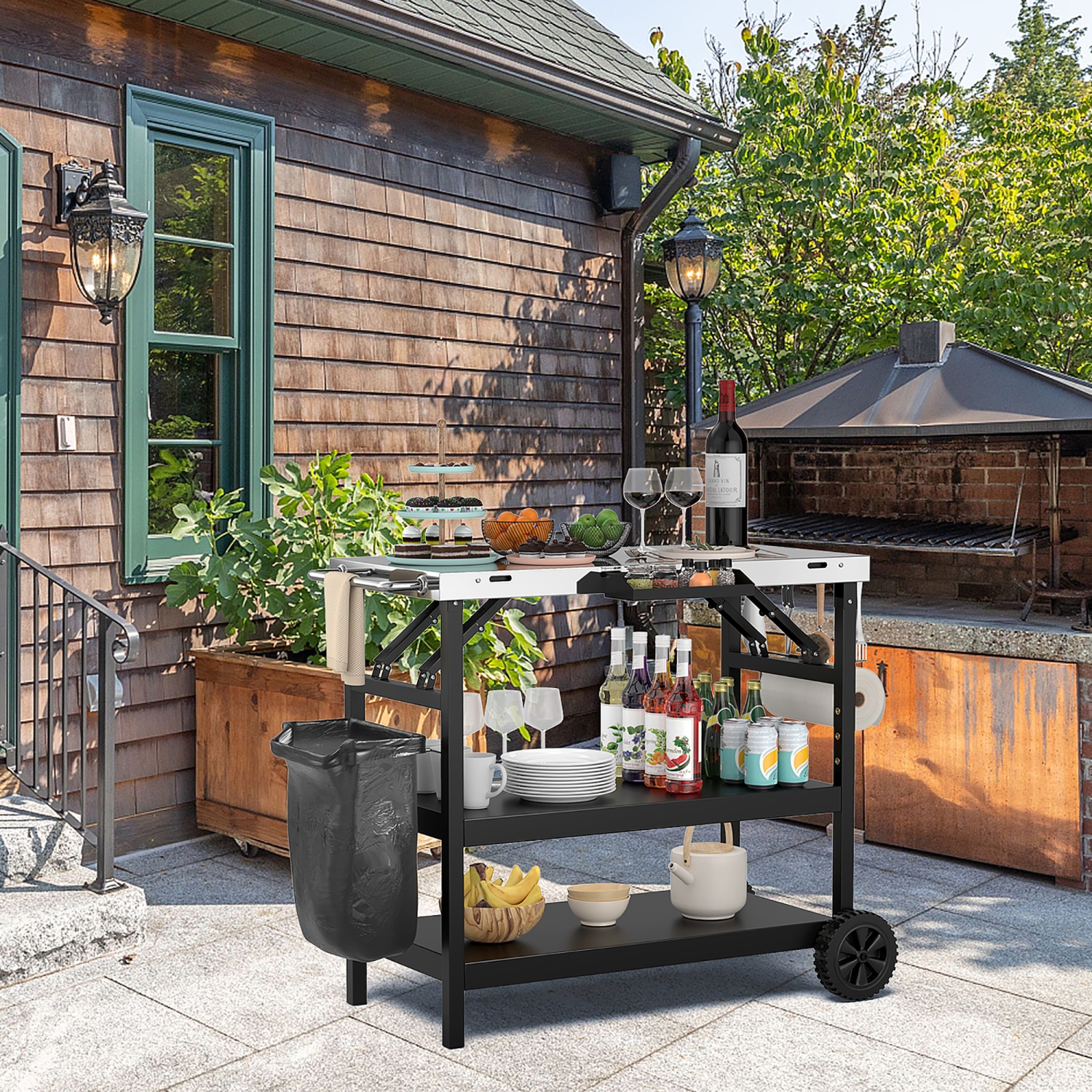Gymax 3-Shelf Movable Grill Cart Table Home & Outdoor Multifunctional Stainless Steel