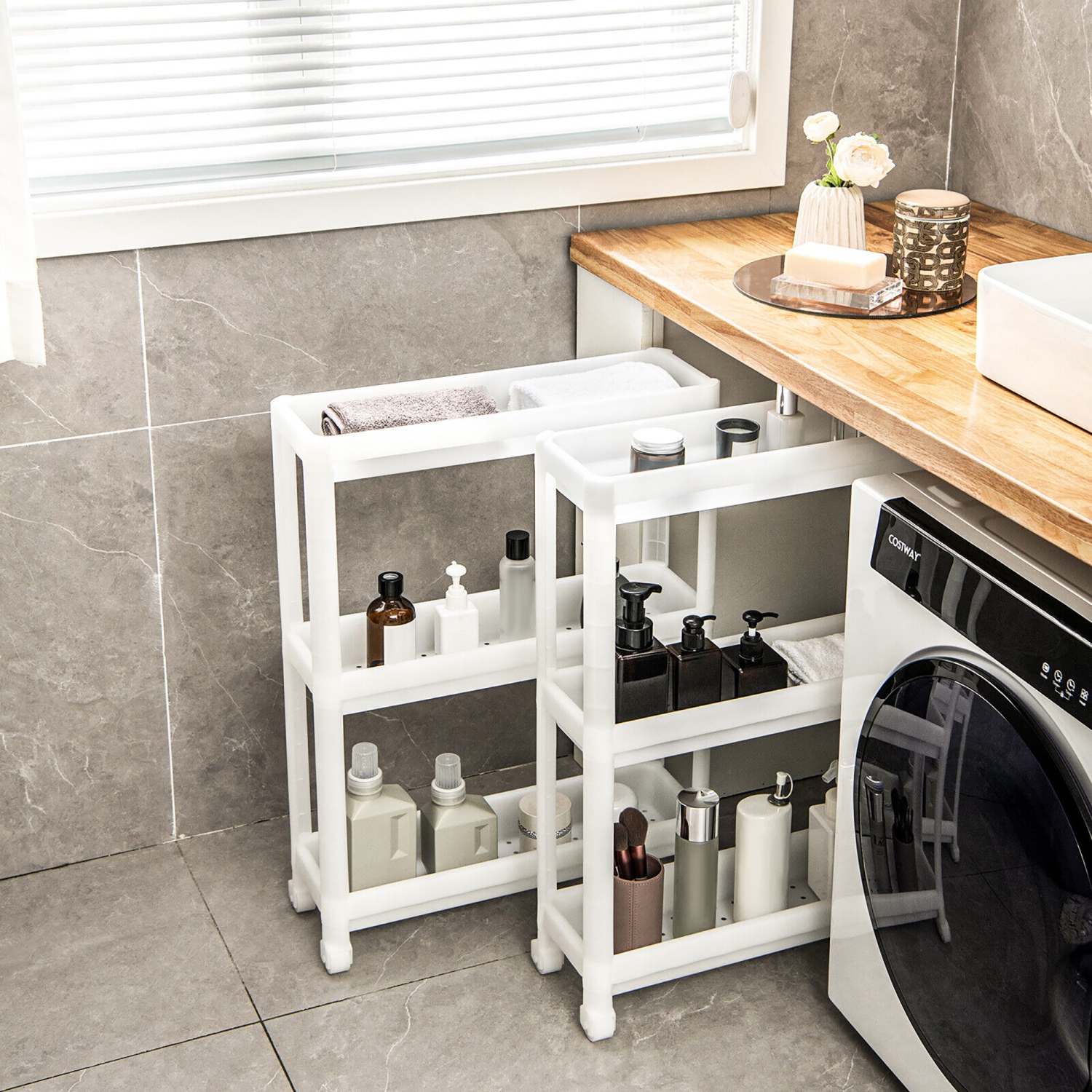 Gymax 2PCS 3 Tier Slim Storage Cart Detachable Kitchen Organizer Rolling Utility Cart