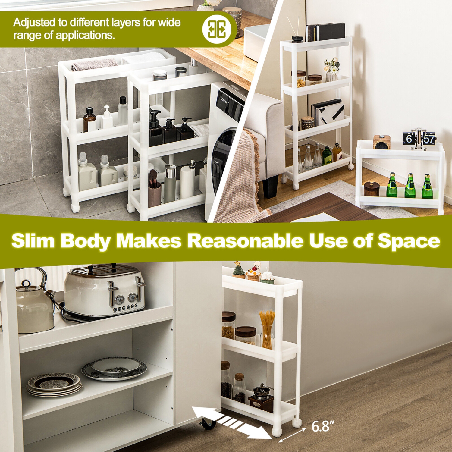 Gymax 2PCS 3 Tier Slim Storage Cart Detachable Kitchen Organizer Rolling Utility Cart