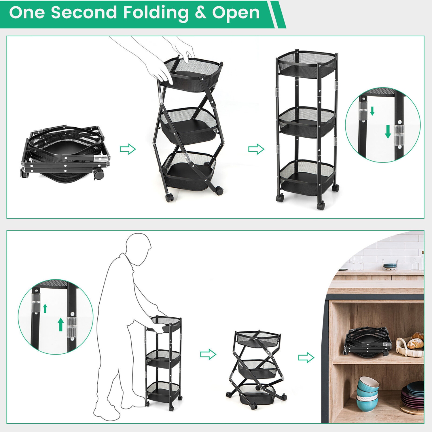Gymax 3-Tier Rotating 1-Second folding Storage Rack Metal Rolling Utility Cart Square