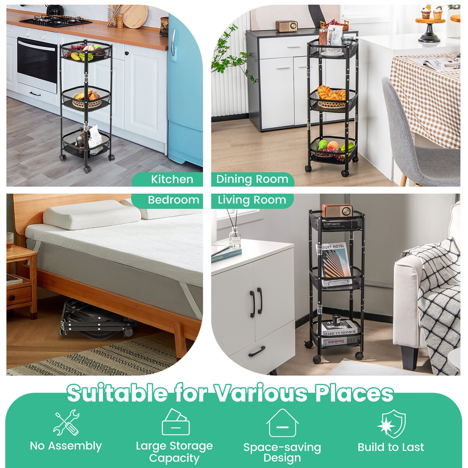 Gymax 3-Tier Rotating 1-Second folding Storage Rack Metal Rolling Utility Cart Square