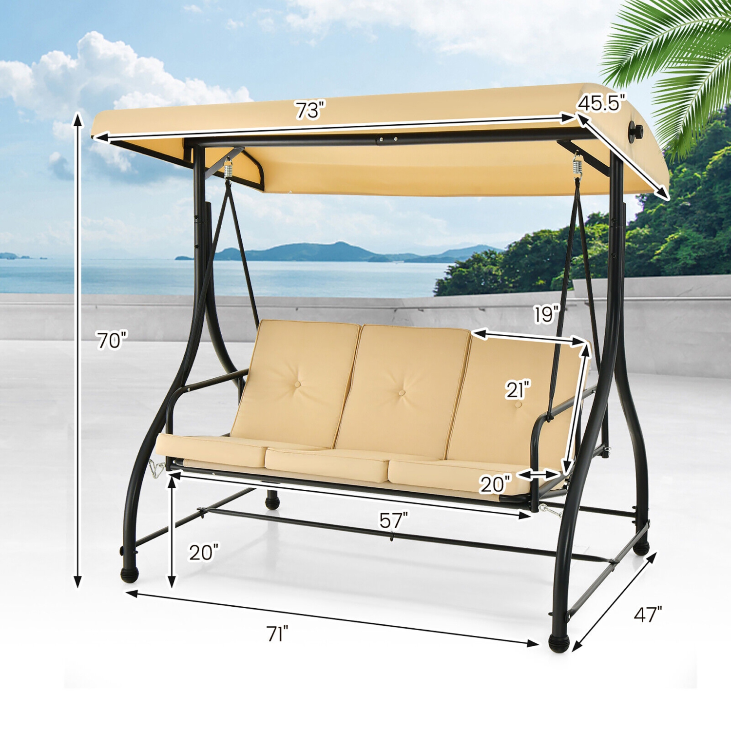 Gymax 3-Seat Outdoor Converting Patio Swing Glider Adjustable Canopy Porch Swing