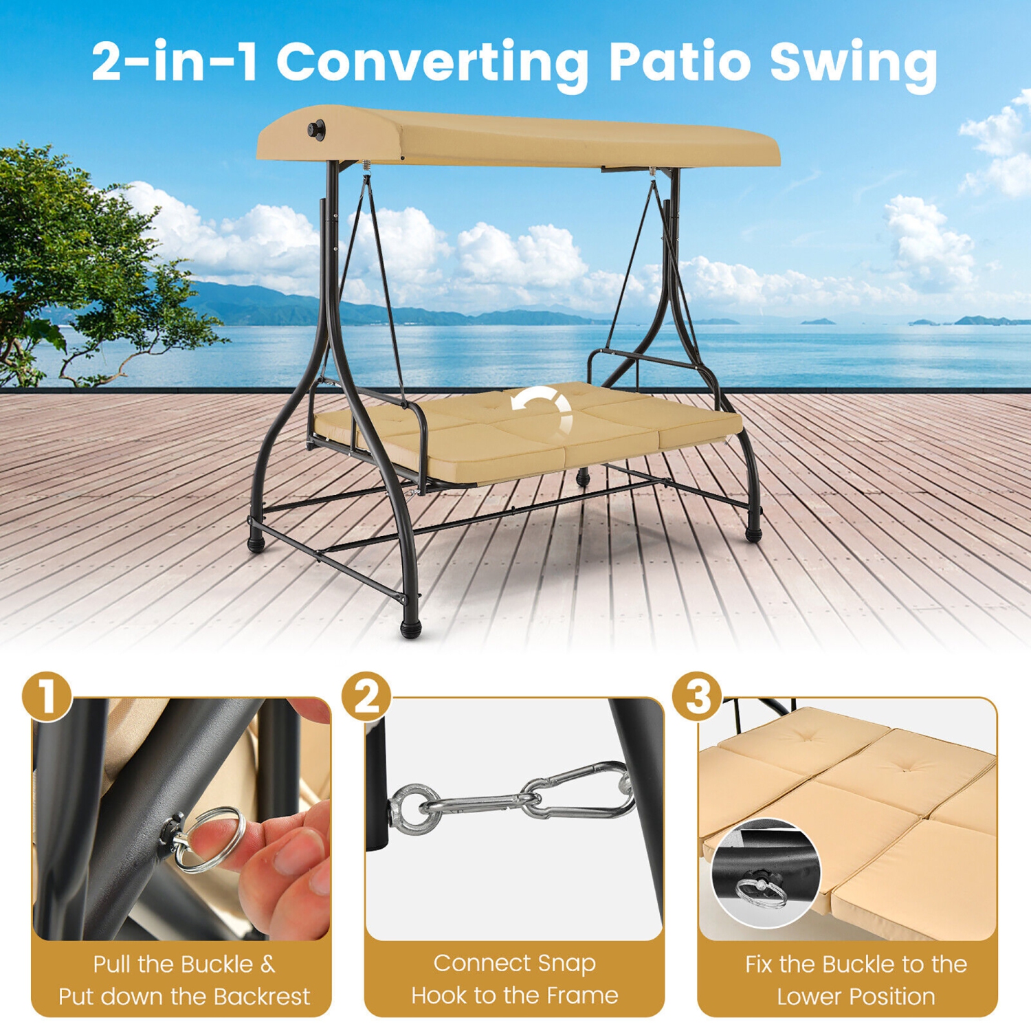 Gymax 3-Seat Outdoor Converting Patio Swing Glider Adjustable Canopy Porch Swing