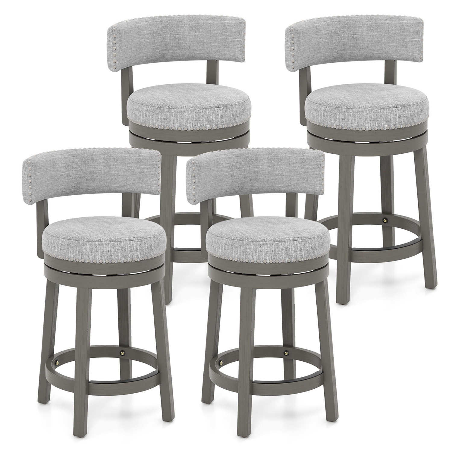 Gymax Set of 4 Upholstered Swivel Bar Stools Wooden Counter Height Kitchen Chairs Grey