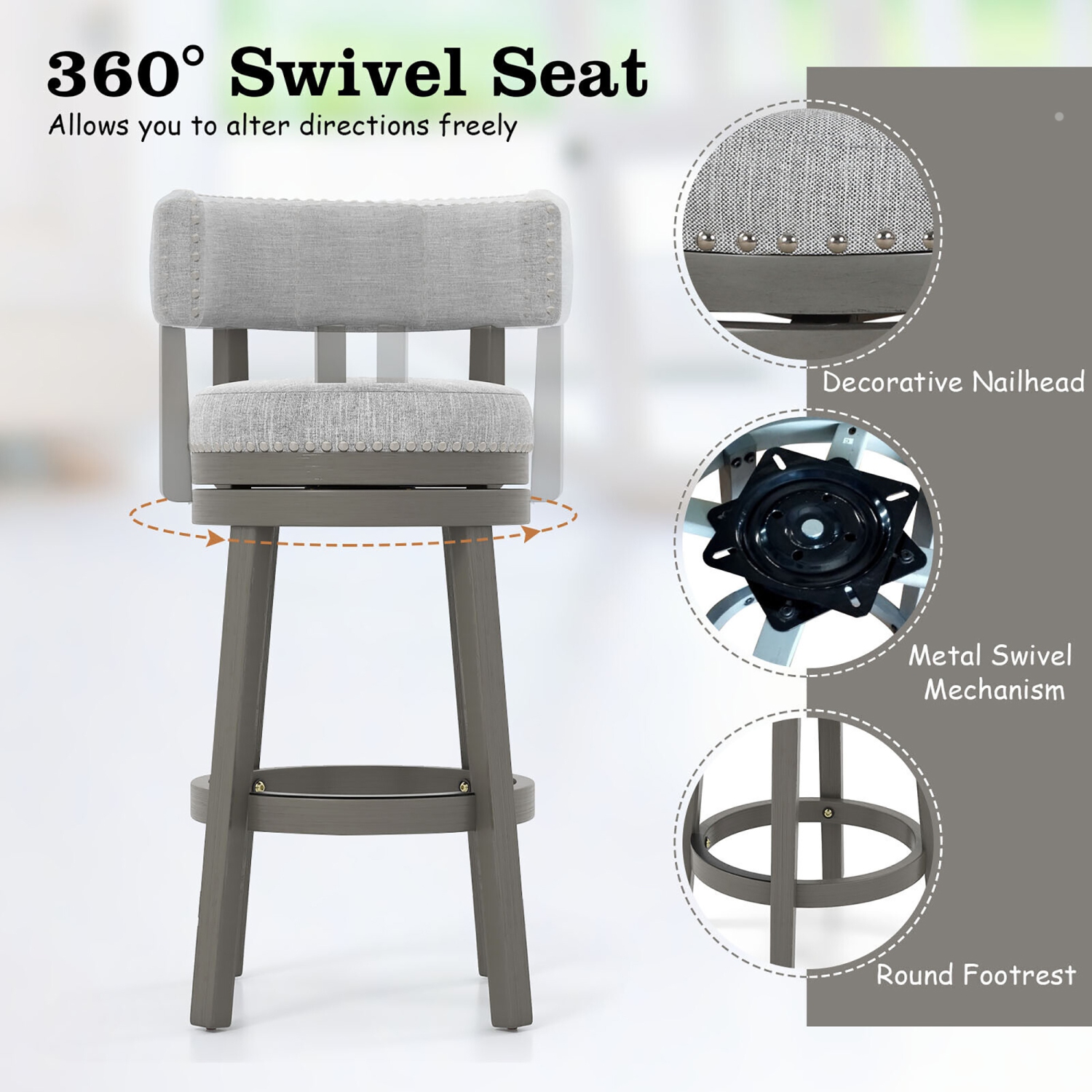 Gymax Set of 4 Upholstered Swivel Bar Stools Wooden Counter Height Kitchen Chairs Grey