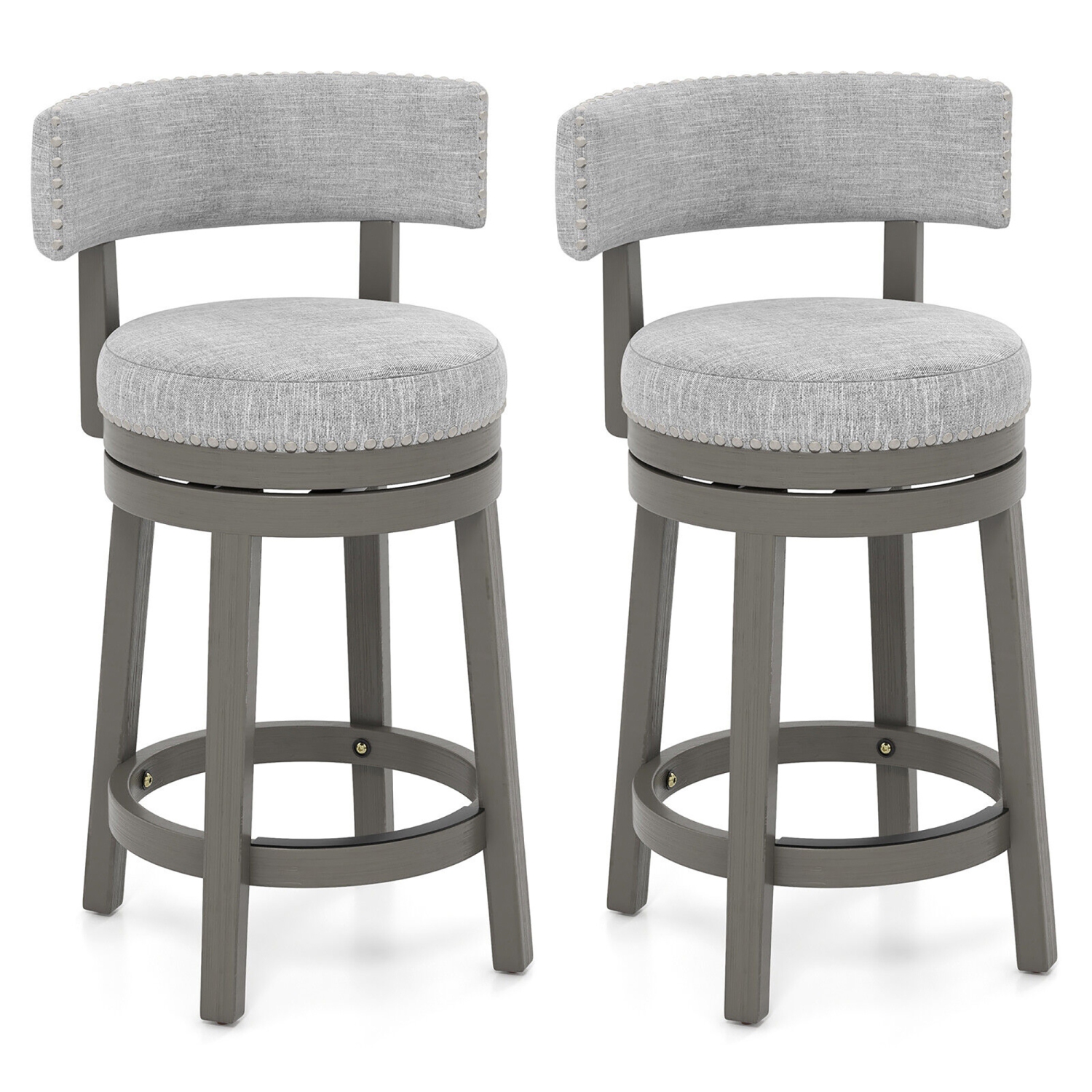Gymax Set of 2 Upholstered Swivel Bar Stools Wooden Counter Height Kitchen Chairs Grey