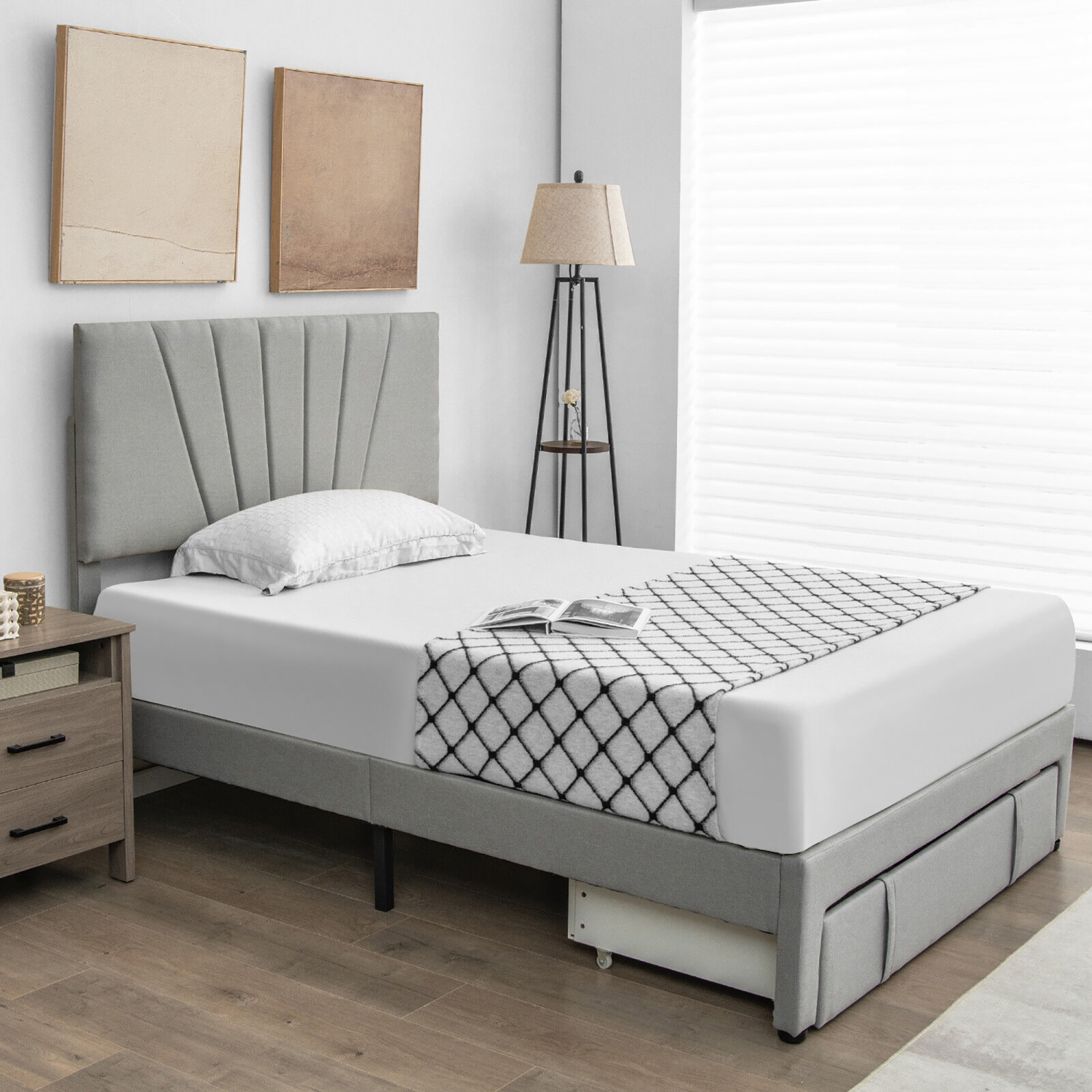 Gymax Full/Queen Upholstered Bed Frame Platform Bed with Drawer & Adjustable Headboard Grey