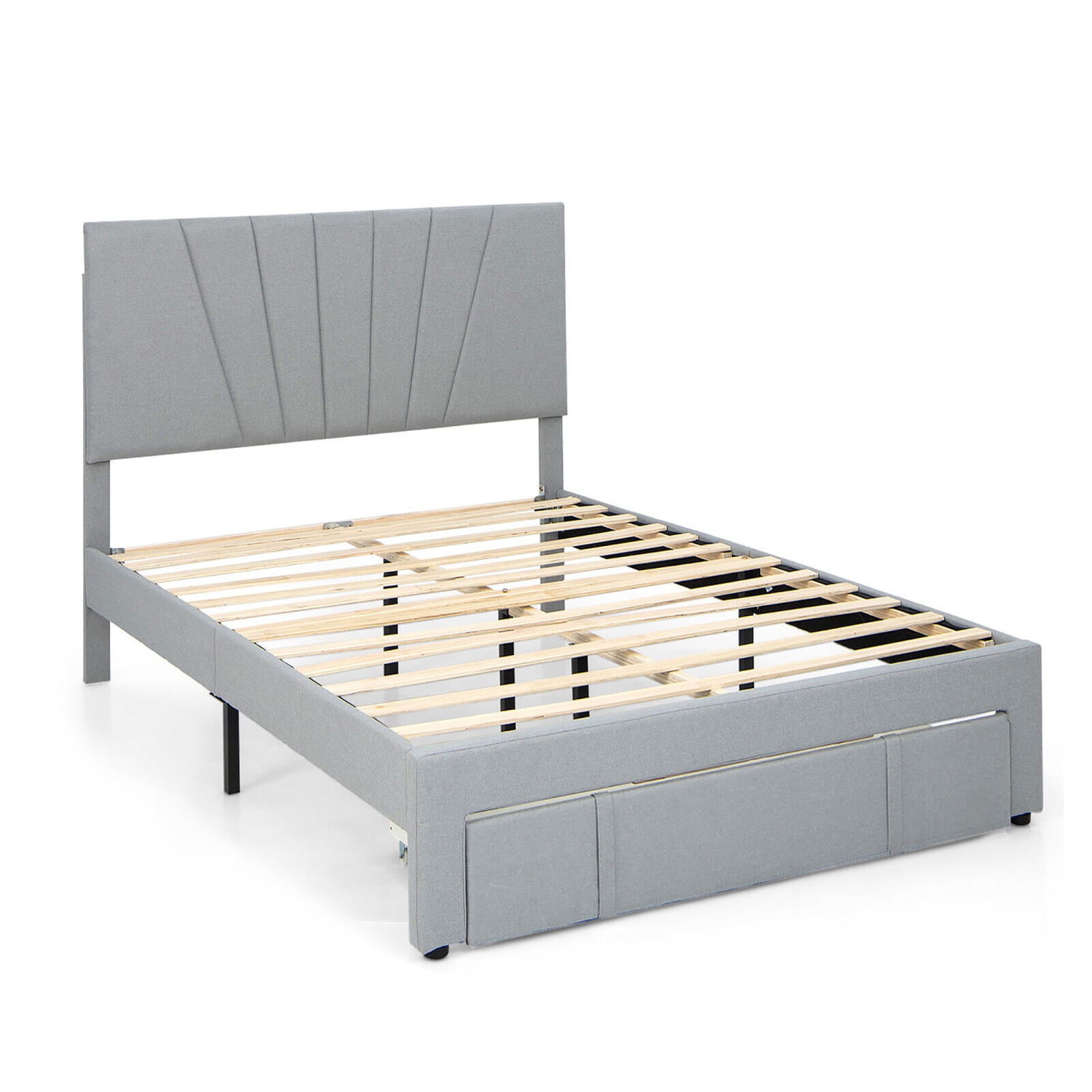 Gymax Full/Queen Upholstered Bed Frame Platform Bed with Drawer & Adjustable Headboard Grey