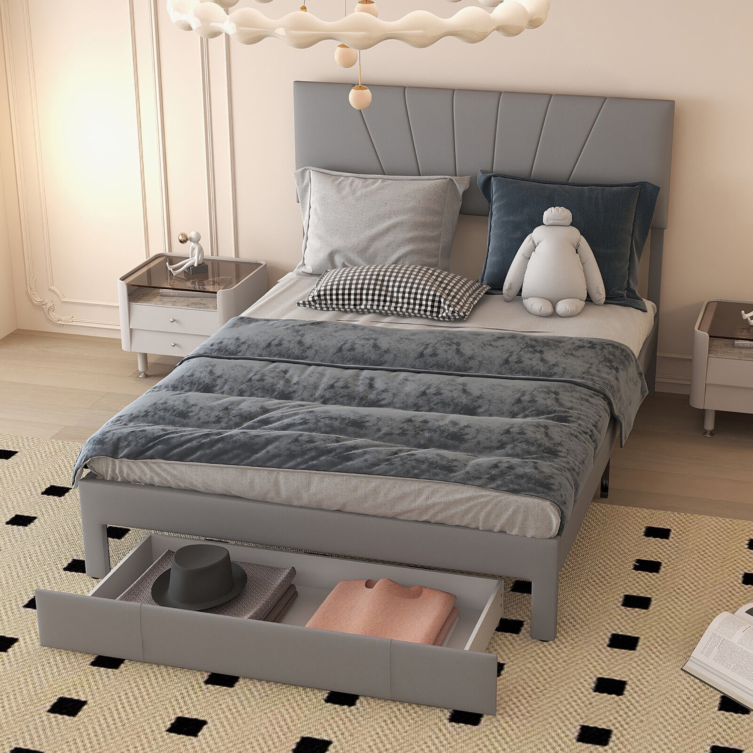 Gymax Full/Queen Upholstered Bed Frame Platform Bed with Drawer & Adjustable Headboard Grey