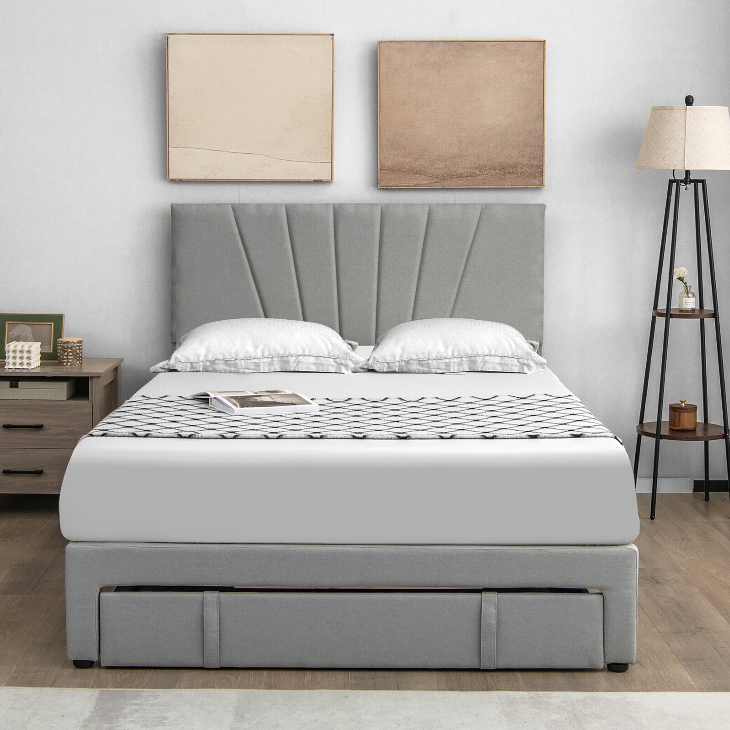 Gymax Full/Queen Upholstered Bed Frame Platform Bed with Drawer & Adjustable Headboard Grey