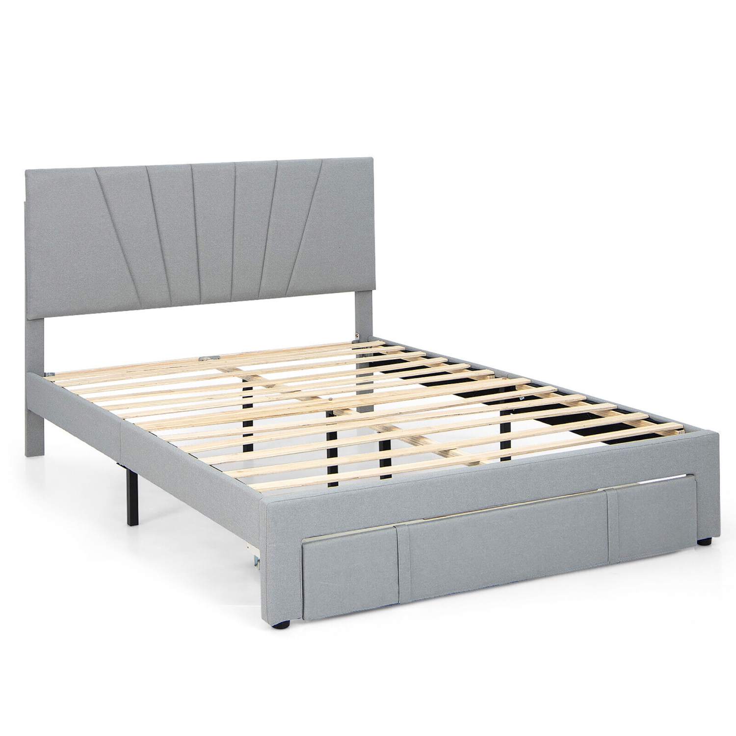 Gymax Full/Queen Upholstered Bed Frame Platform Bed with Drawer & Adjustable Headboard Grey