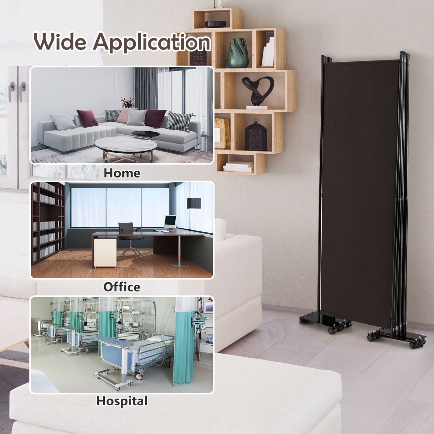 Séparateur de pièce pliante à 6 panneaux de Costway – Écran de confidentialité roulant de 6 pi avec roulettes verrouillables