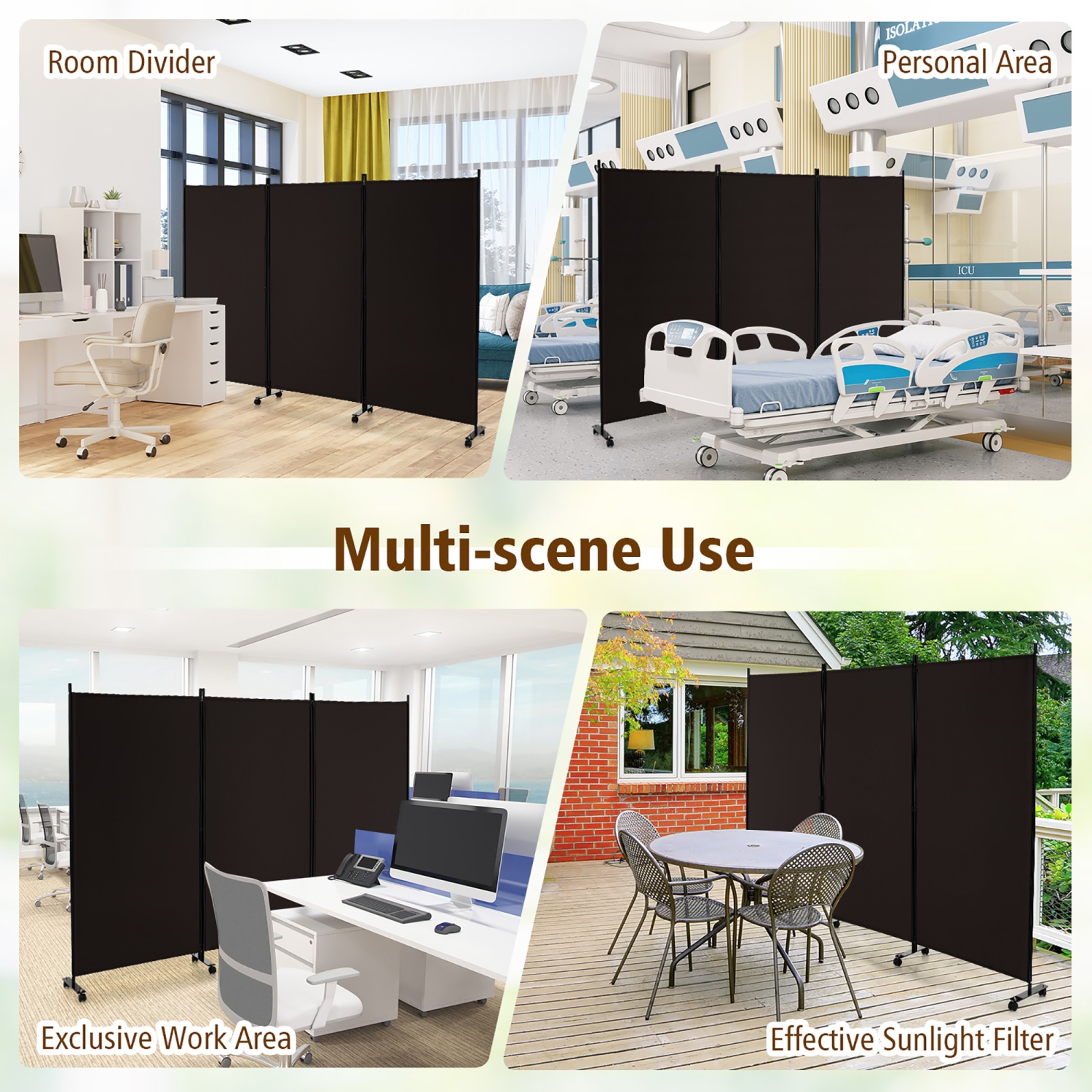 Costway 3-Panel Folding Room Divider 6Ft Rolling Privacy Screen withLockable Wheels