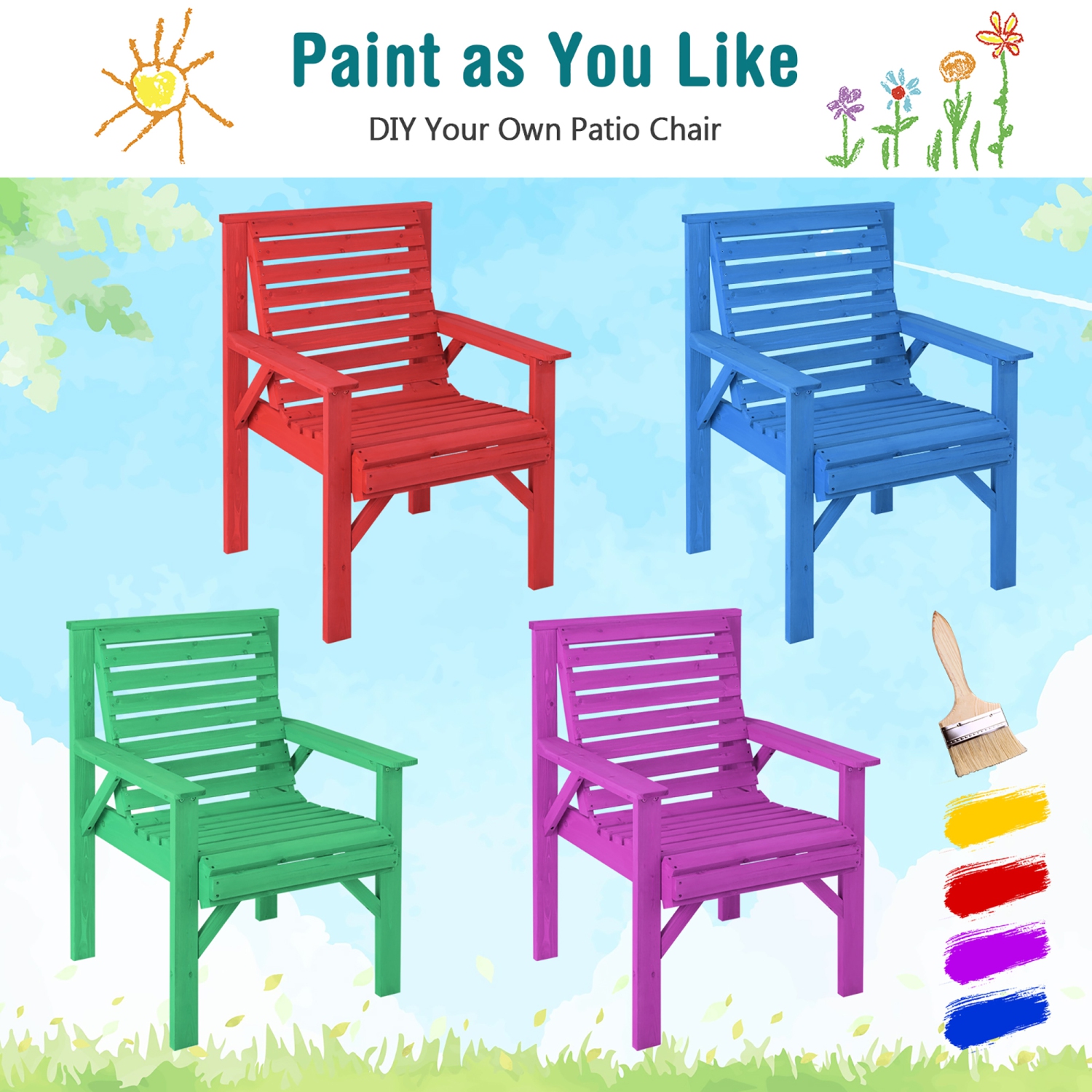 Costway Set of 2 Patio Fir Wood Chair Dining Inclined Backrest Garden Backyard Indoor