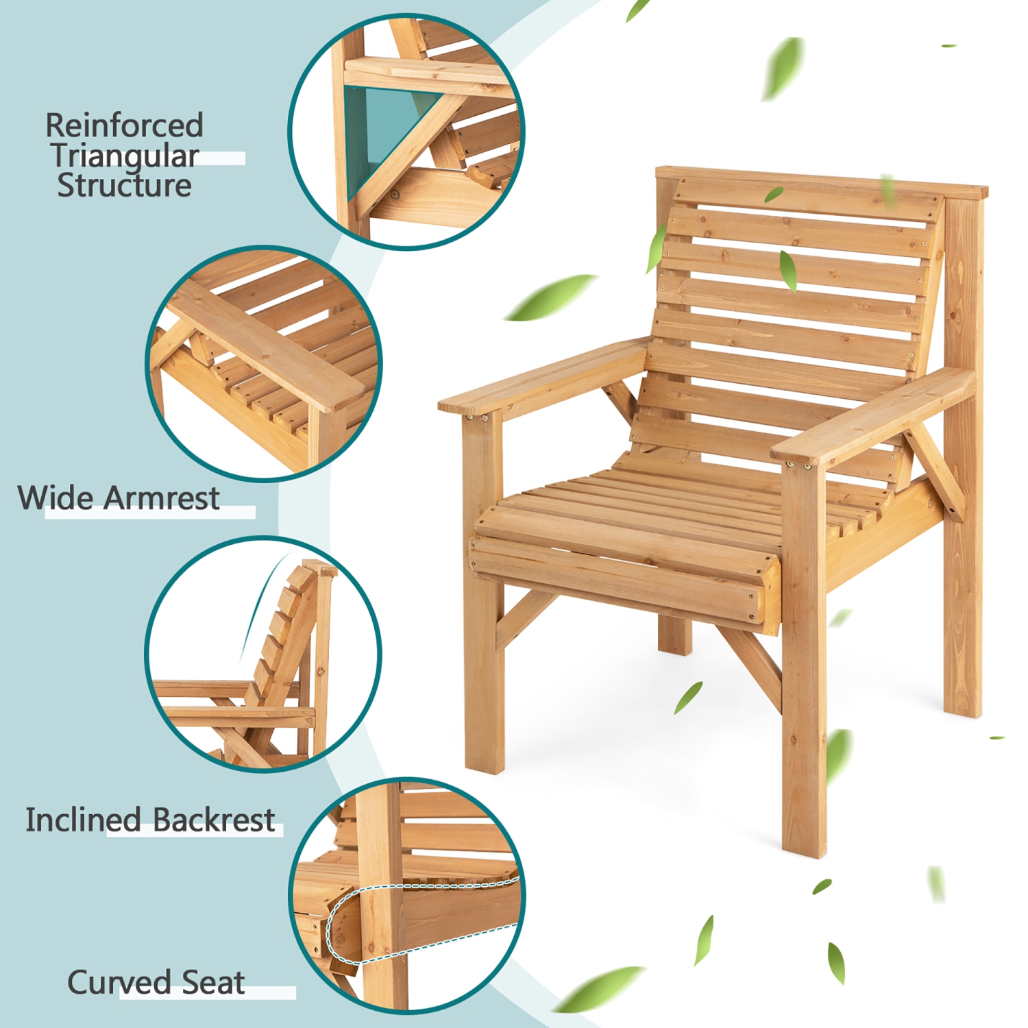 Costway Set of 2 Patio Fir Wood Chair Dining Inclined Backrest Garden Backyard Indoor