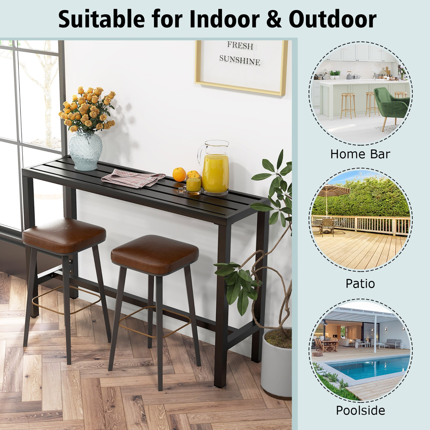 Costway Outdoor Metal Bar Table 55" Patio Rectangular Counter Height Dining Table Black