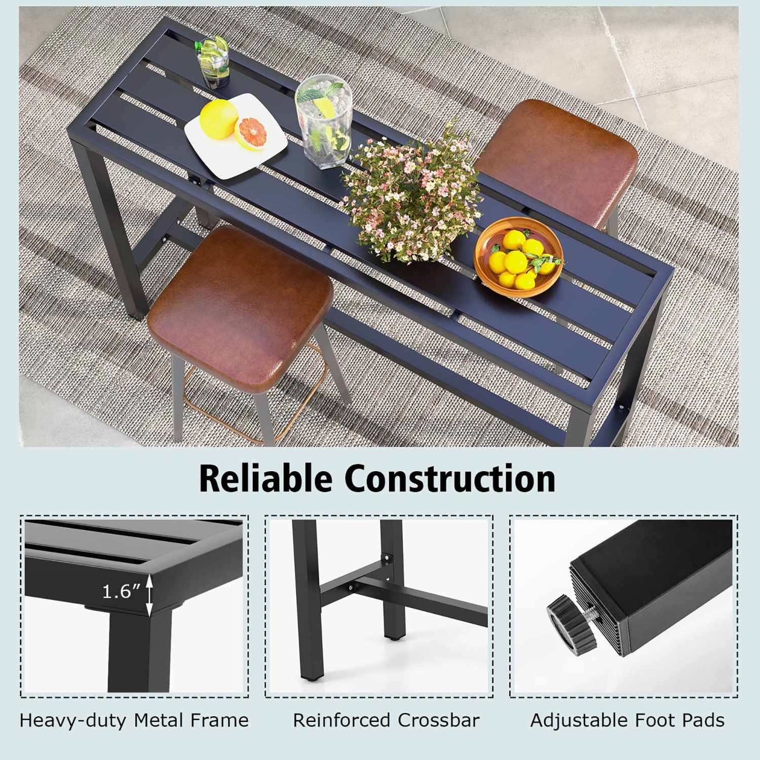 Costway Outdoor Metal Bar Table 55" Patio Rectangular Counter Height Dining Table Black