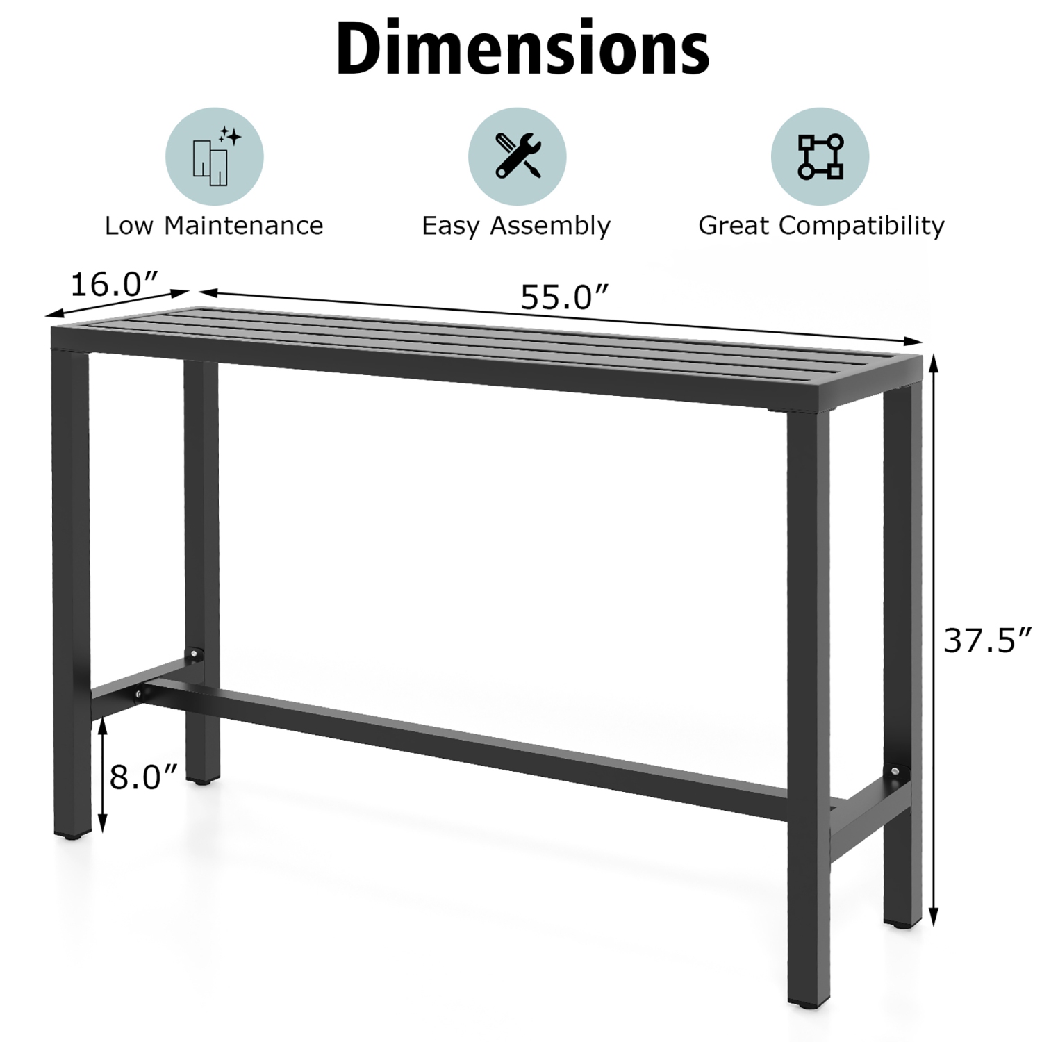 Costway Outdoor Metal Bar Table 55" Patio Rectangular Counter Height Dining Table Black