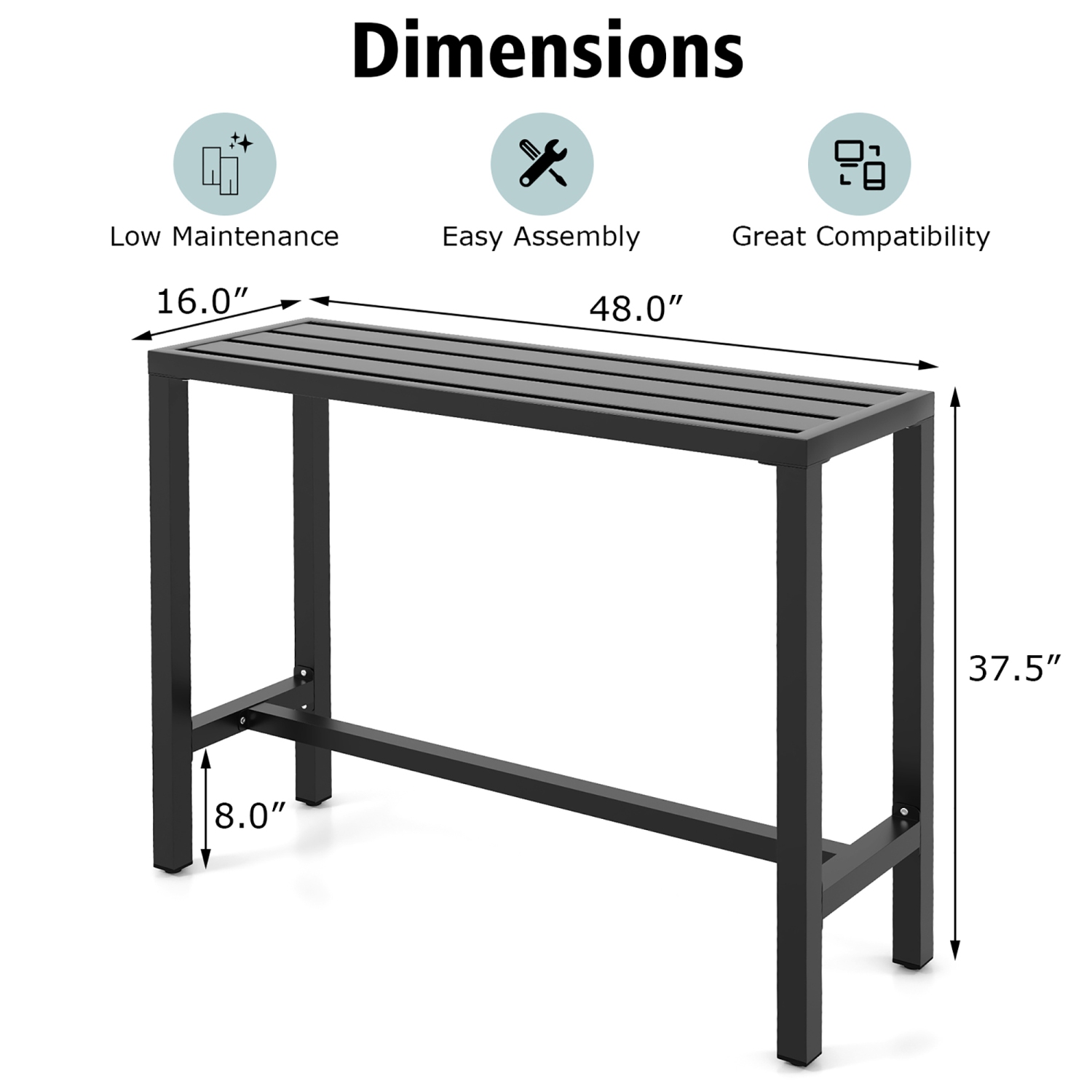 Costway Outdoor Metal Bar Table 48" Patio Rectangular Counter Height Dining Table Black