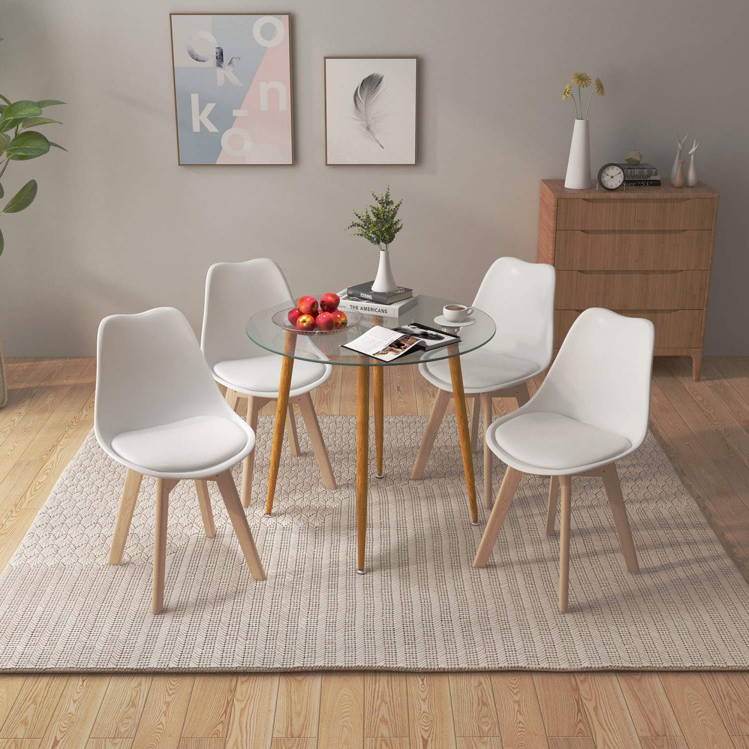 Costway Dining Table Set for 4 Modern Kitchen Table Set with Round GlassTempeTable&4 Chairs