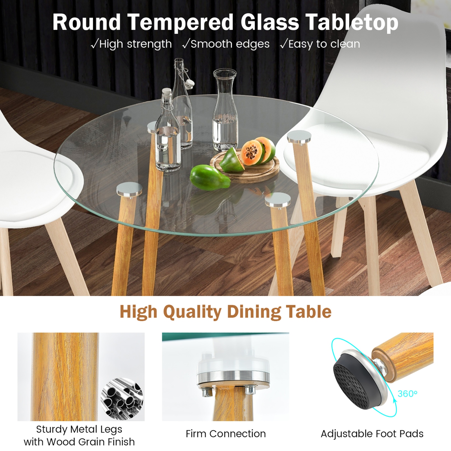 Costway Dining Table Set for 4 Modern Kitchen Table Set with Round GlassTempeTable&4 Chairs