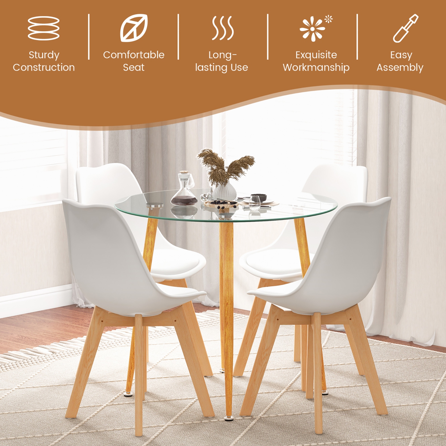 Costway Dining Table Set for 4 Modern Kitchen Table Set with Round GlassTempeTable&4 Chairs