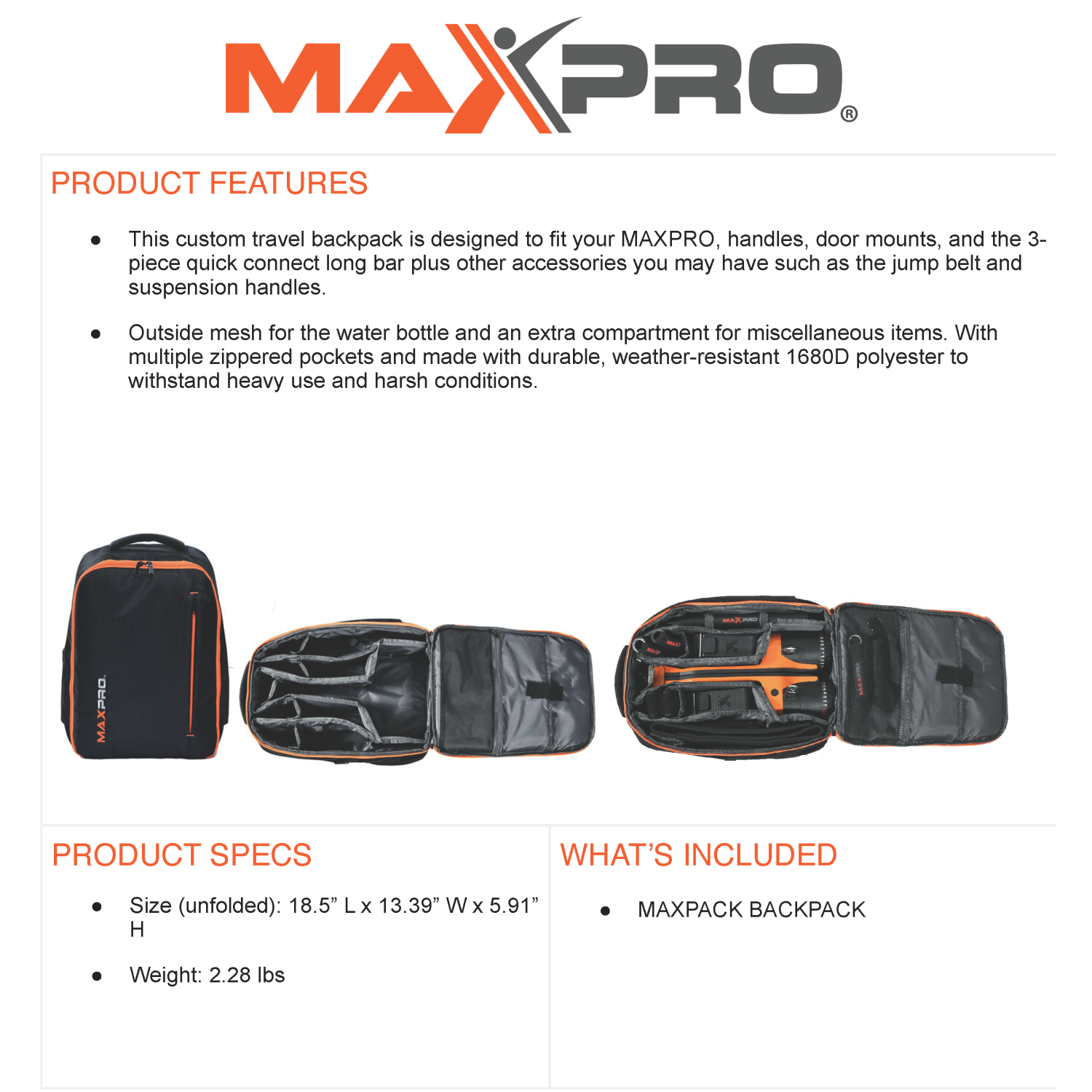 Sac à dos MaxPro pour gymnase à domicile intelligent - Sac de transport spécialement rembourré pour machine à câble de résistance MaxPro
