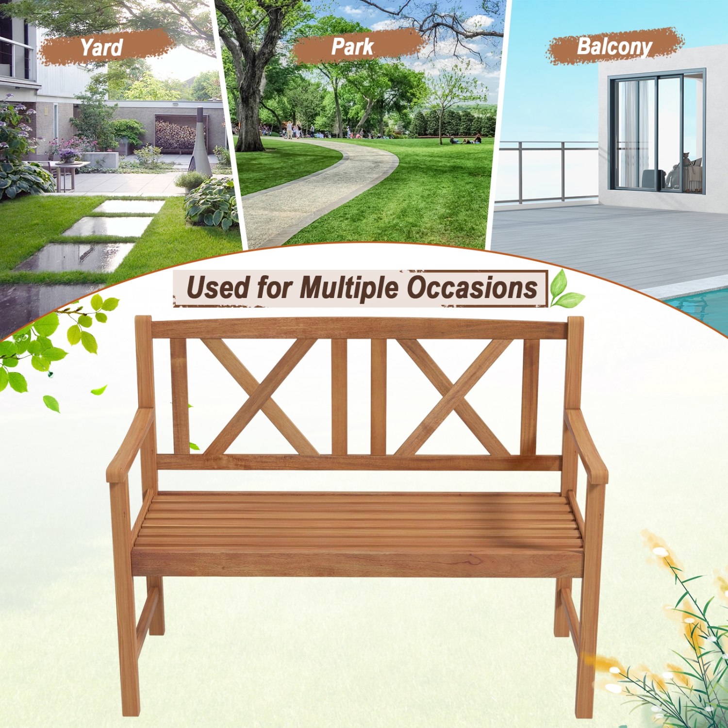 Topbuy 2-Person Acacia Wood Bench Outdoor Slats Loveseat Chair with Armrest Backrest Sturdy Frame 800lbs Load Capacity