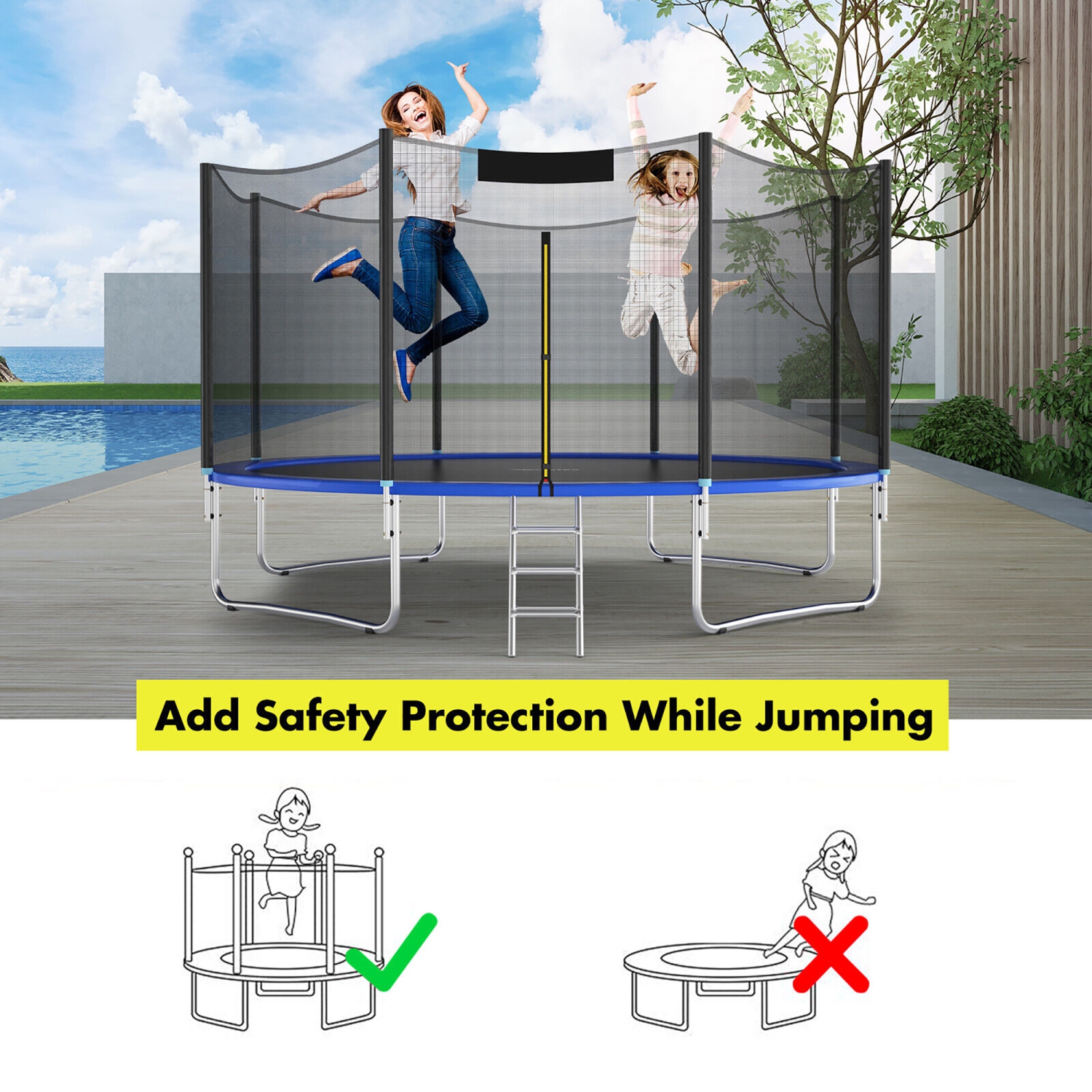 Gymax 15FT Trampoline Safety Net Replacement Protection Enclosure Net for 10 Poles
