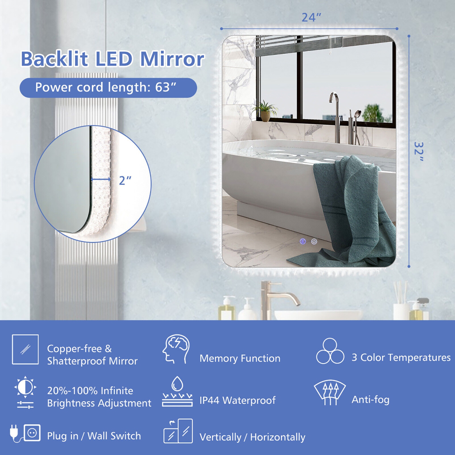 Gymax Bathroom Wall Mounted Mirror w/ 3 Color LED lights Anti-Fog Vertical & Horizontal